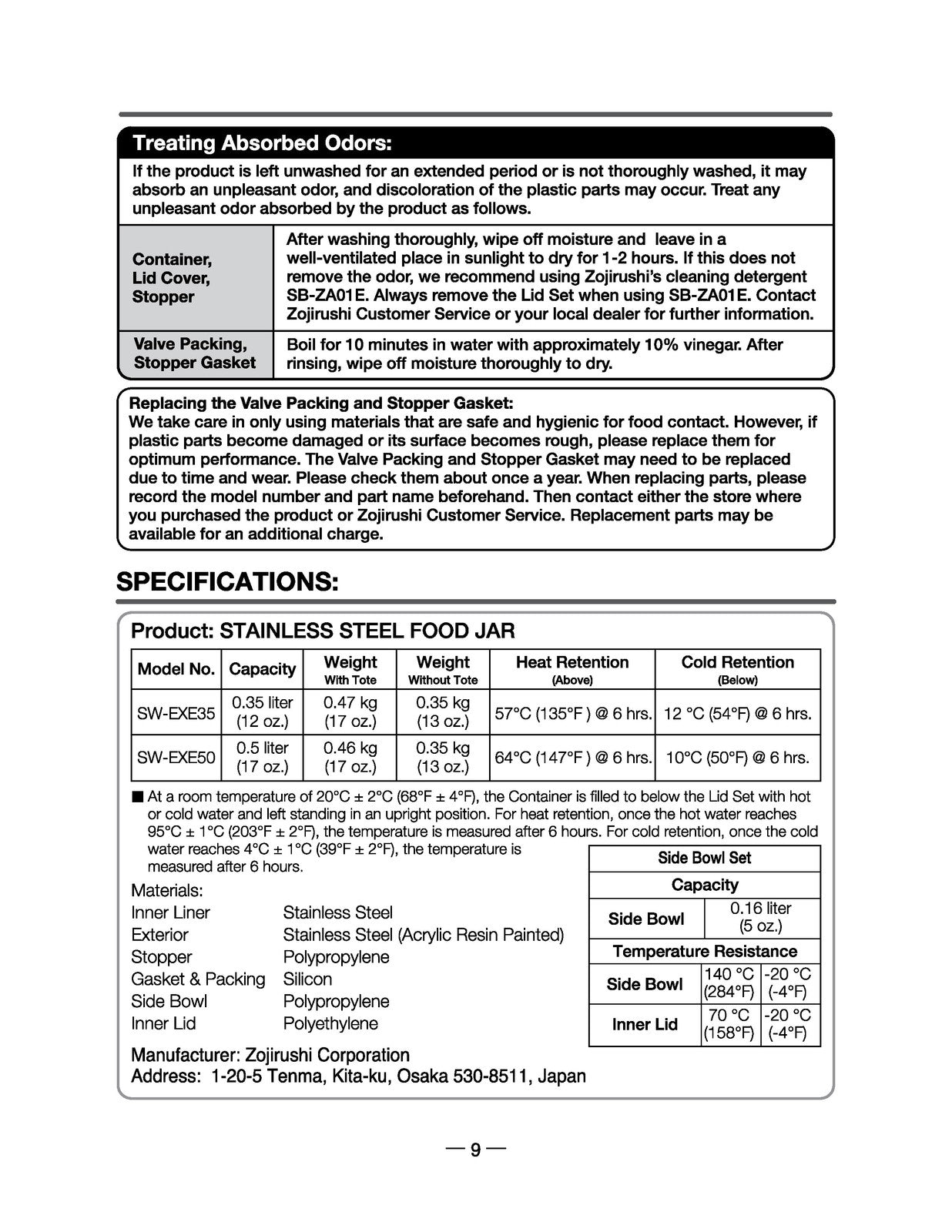 ZOJIRUSHI SW-EXE Stainless Steel Food Jar Instruction Manual - WIRE BOUND