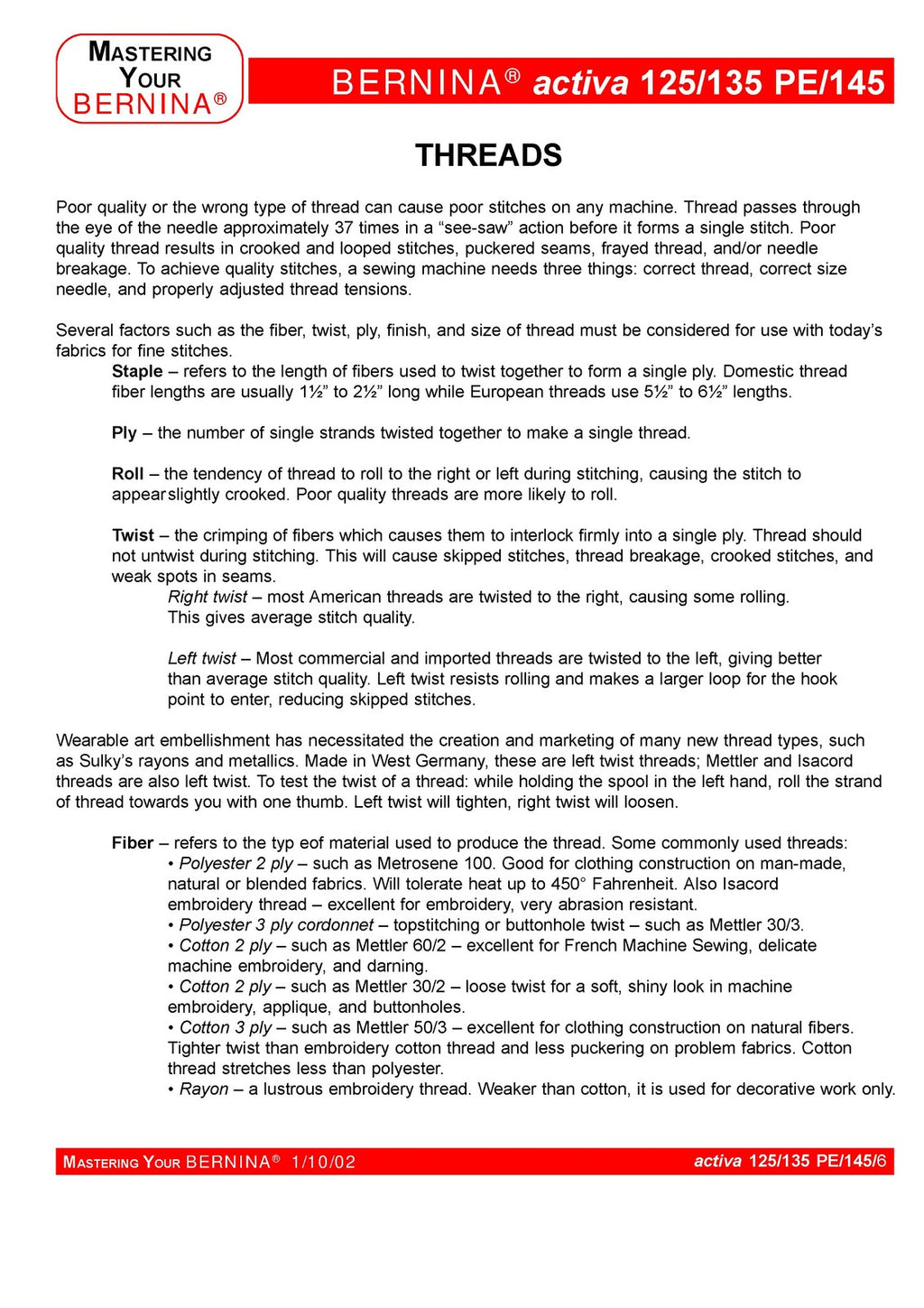 BERNINA Activa 125 135 PE 145 Mastery Workbook - STEEL WIRE BOUND - TOUGH COVERS
