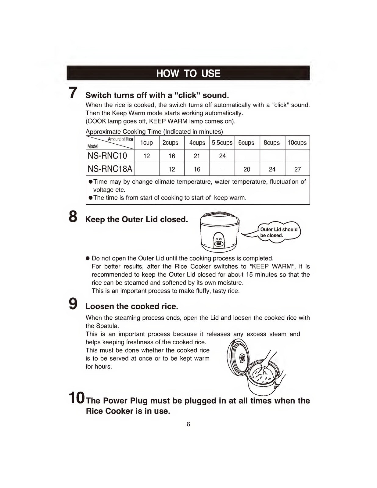 ZOJIRUSHI NS-RNC10 18A Electric Rice Cooker Operating Instructions Manual
