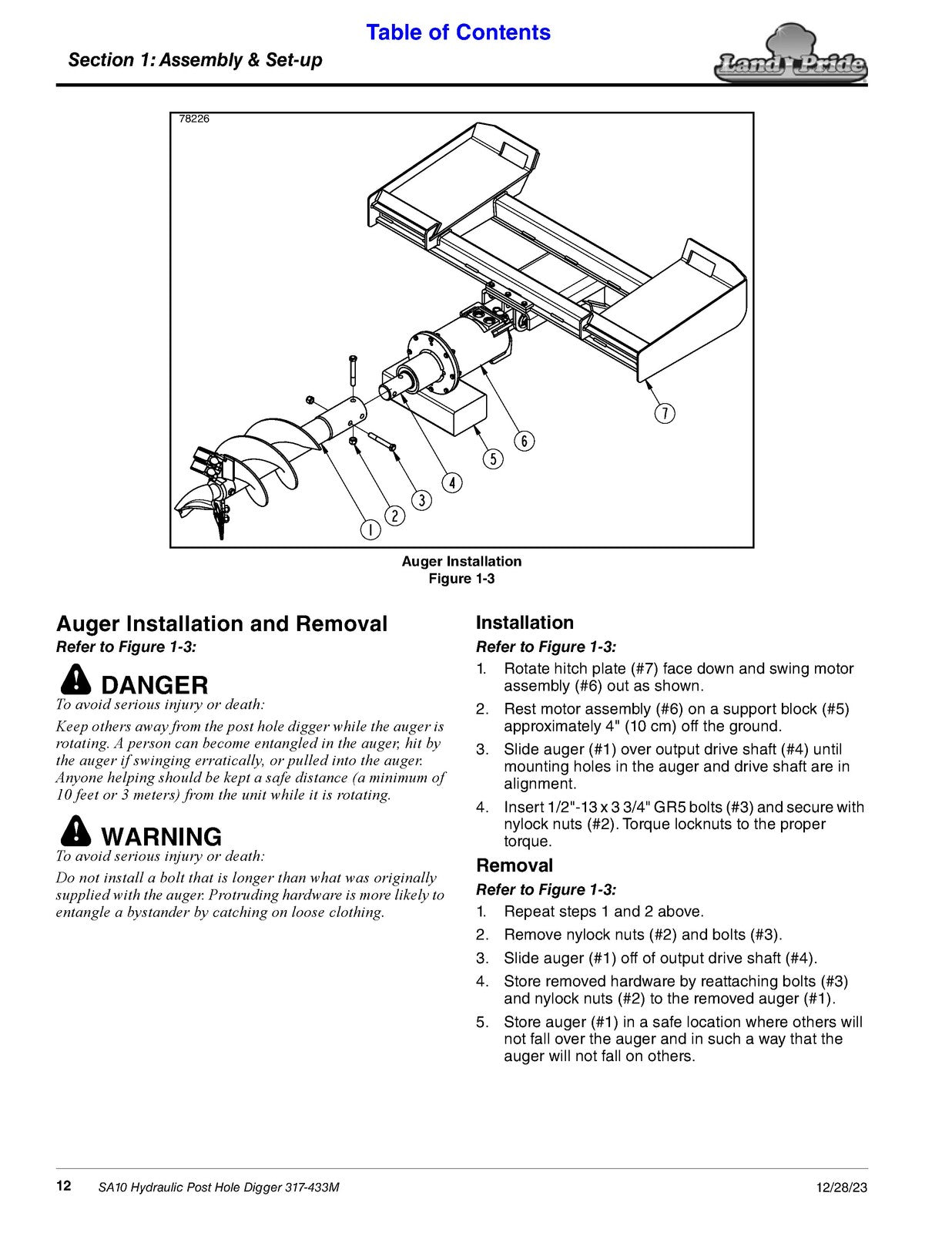 LAND PRIDE SA10 Series Hydraulic Post Hole Digger Operators Manual - WIRE BOUND