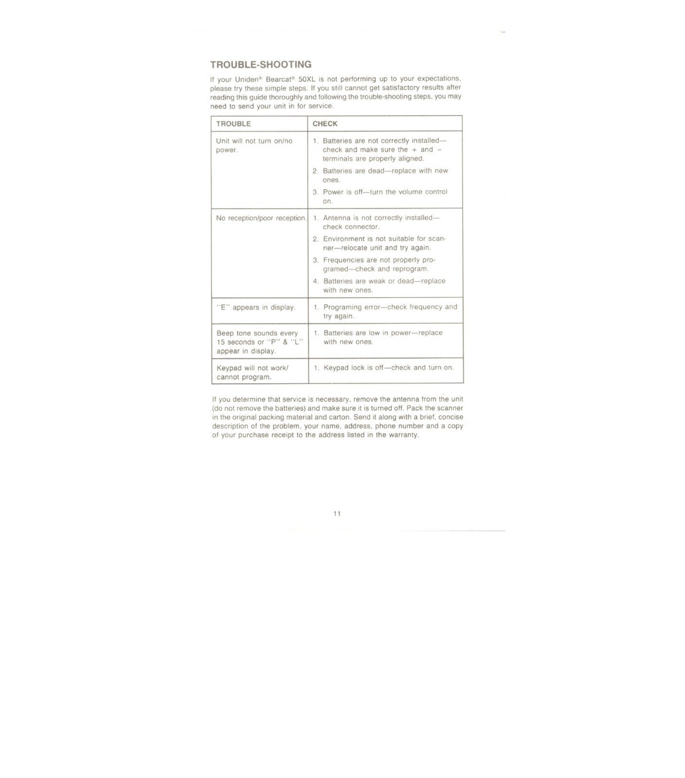 UNIDEN Bearcat BC 50XL Scanner Operating Instructions Manual - WIRE BOUND