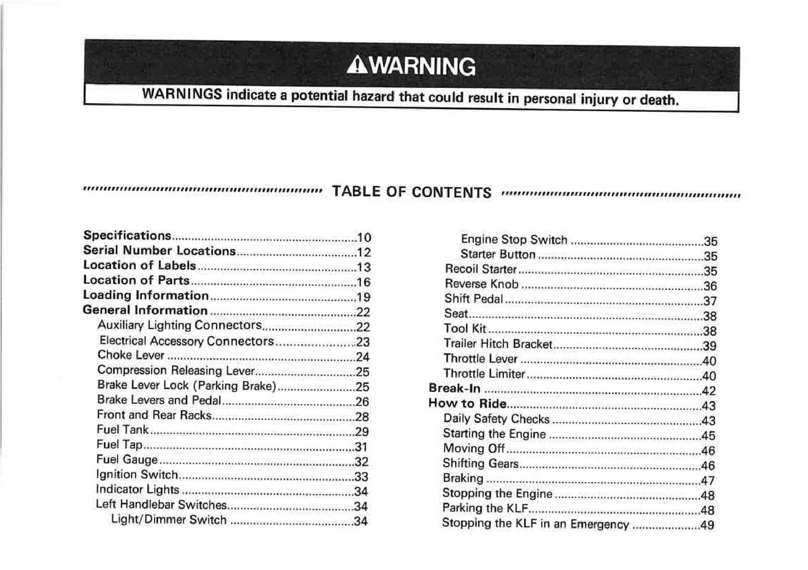 KAWASAKI Bayou 220 Owners Manual 2002 - STEEL WIRE BOUND - PROTECTIVE COVERS