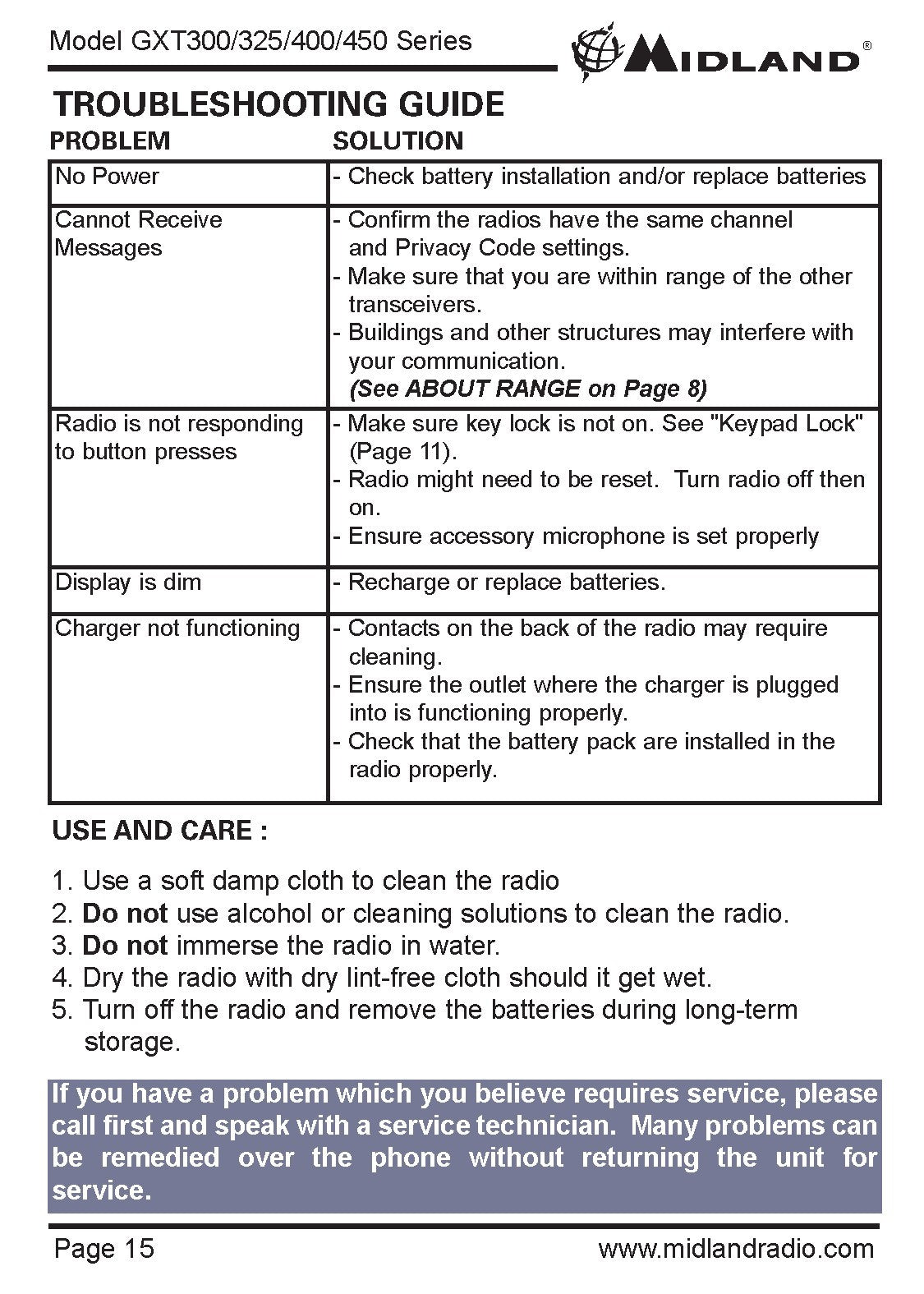 MIDLAND GXT300 GXT325 GXT400 GXT450 GMRS FRS Radio Owners Manual - WIRE BOUND