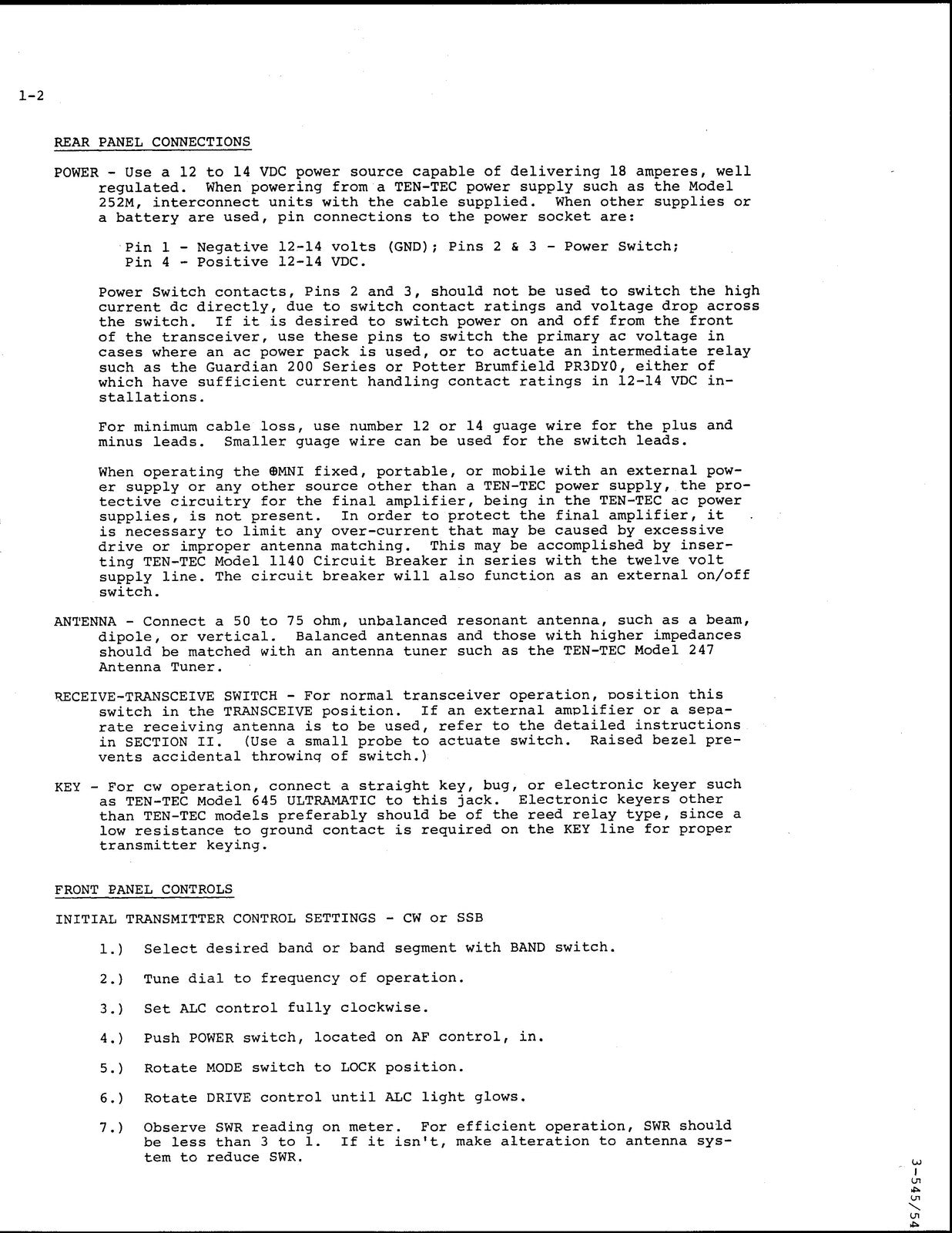 TEN TEC Omni A 545 Omni D_546 Original Series Owners Manual - WIRE BOUND