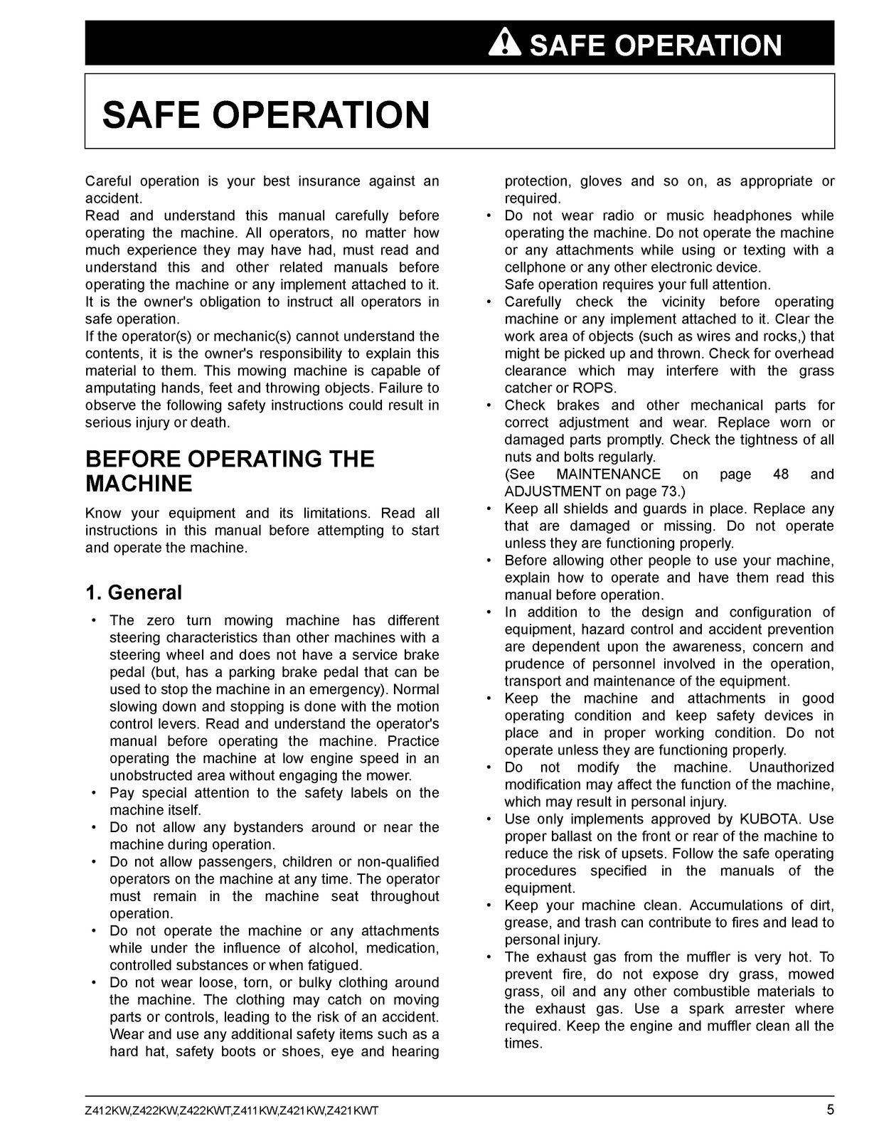KUBOTA Z411KW Z421KW Z422KW Z422KWT Zero Turn Operators Manual, FOLDOUTS