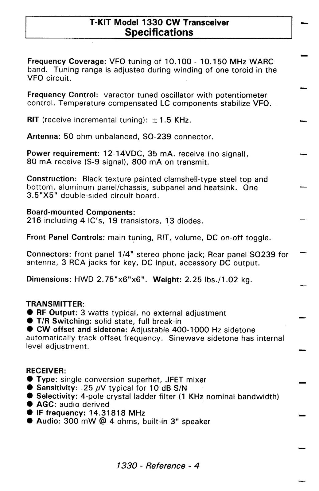 TEN TEC 1330 30 Meter CW Transceiver User Manual - BOUND - COVERS - XL FOLDOUTS
