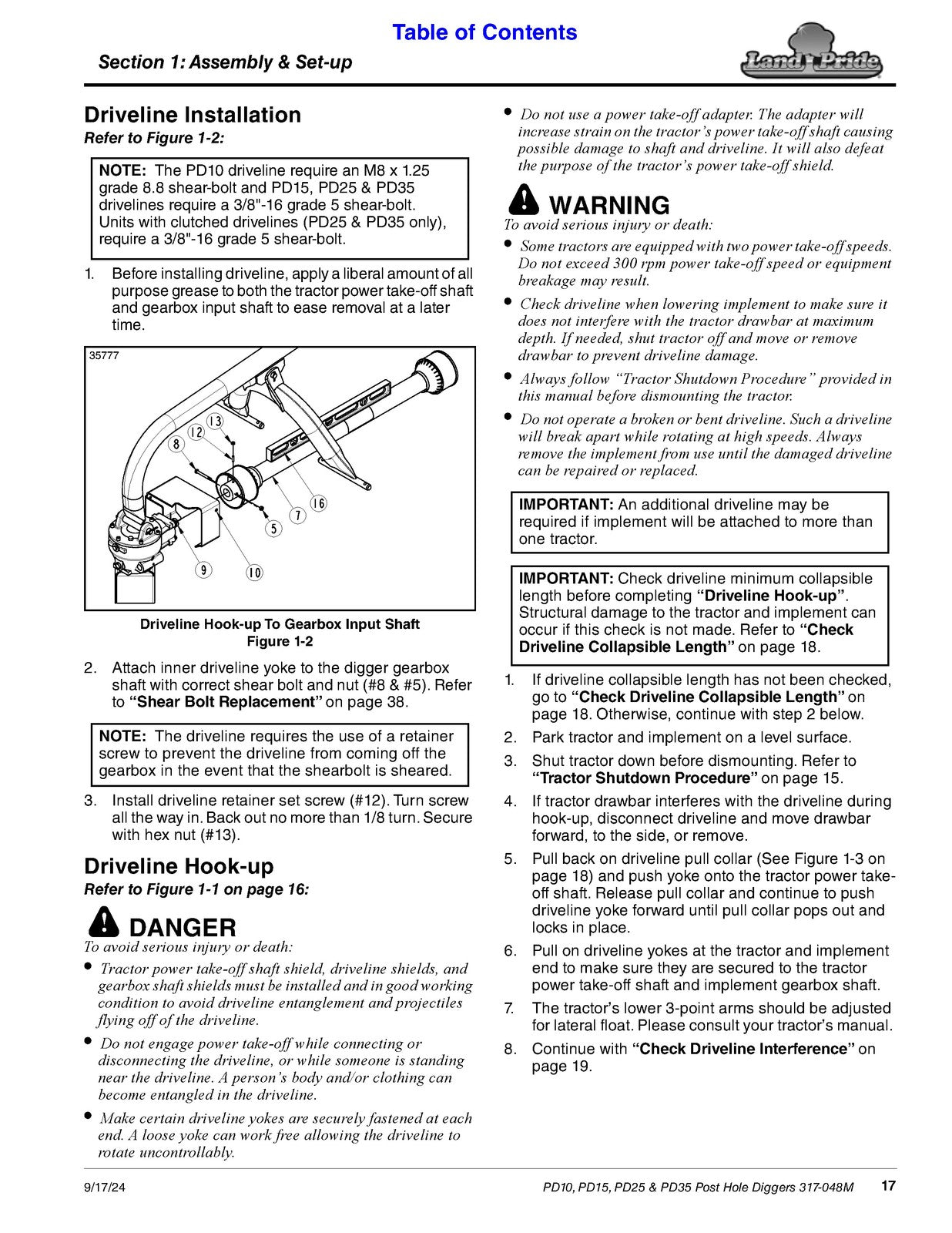 LAND PRIDE PD10 Series Post Hole Diggers Operators Manual - WIRE BOUND - COVERS