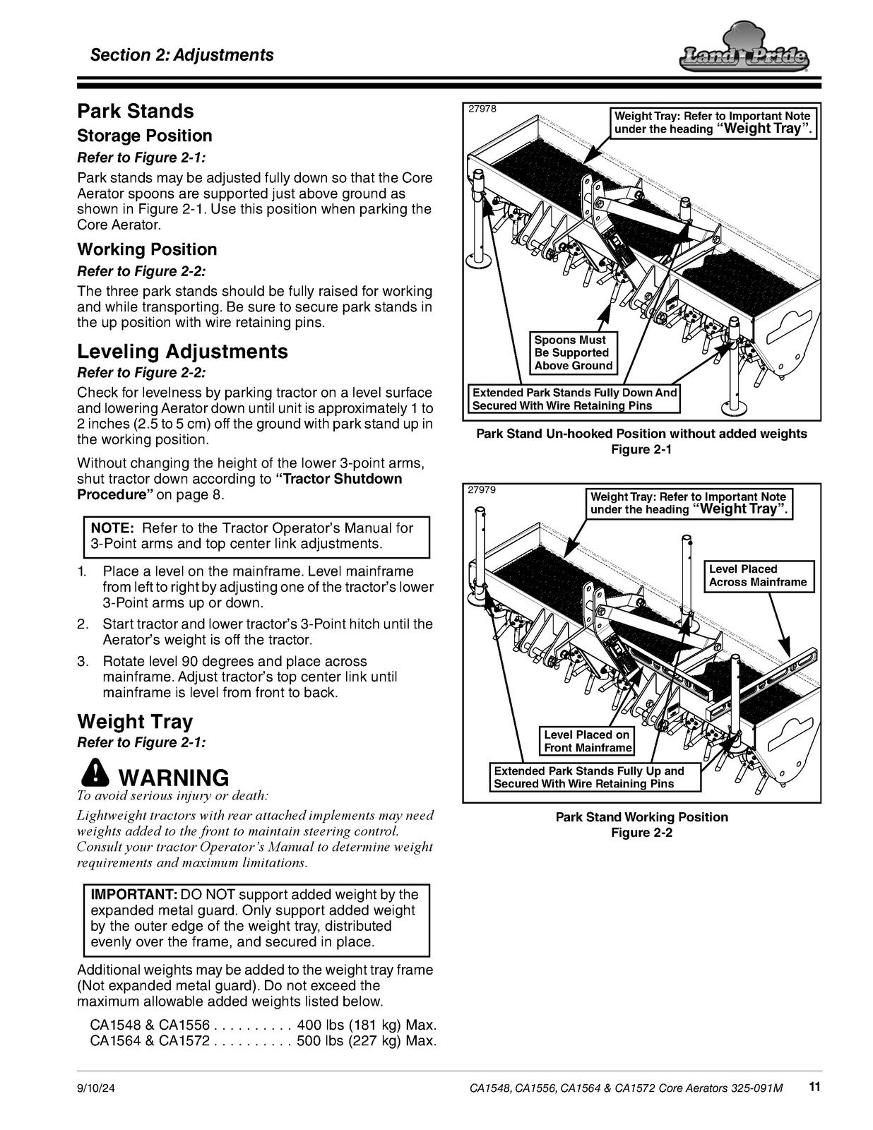 LAND PRIDE CA15 Series Core Aerators Operators Manual - WIRE BOUND - COVERS