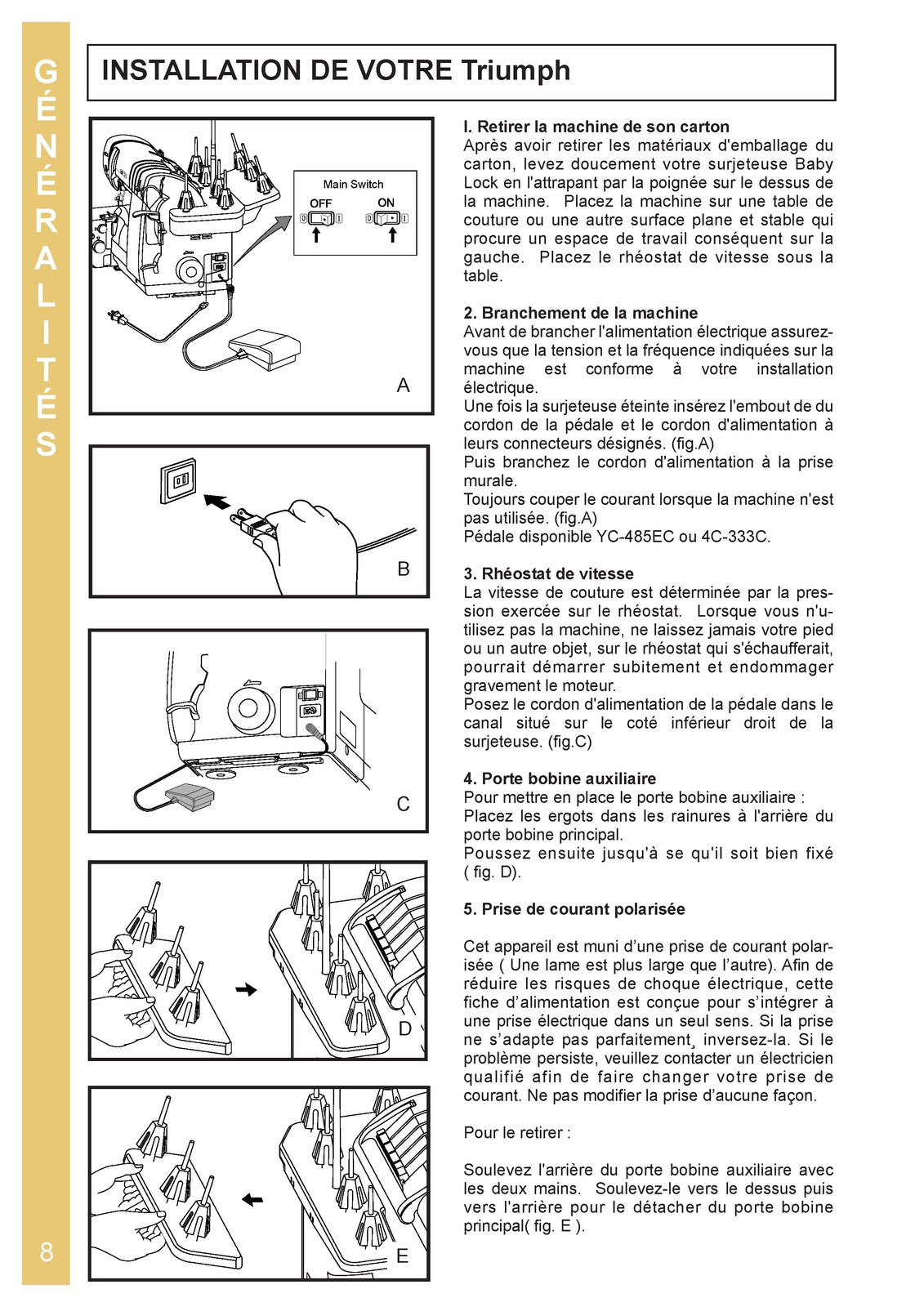 BABY LOCK Triumph BLETS8 Serger Service Manual IN FRENCH - WIRE BOUND - COVERS