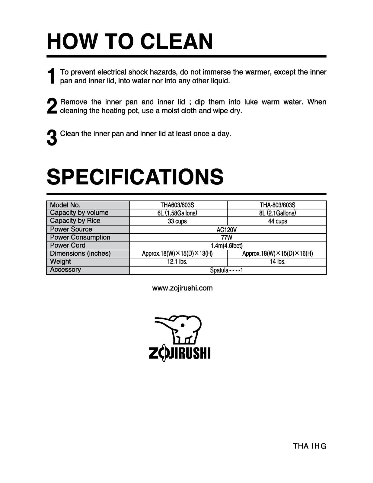 ZOJIRUSHI THA-603 603S 803 803S Electric Rice Operating Instructions Manual