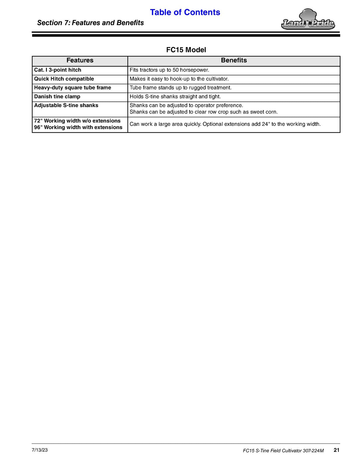 LAND PRIDE FC15 Series Field Cultivator Operators Manual - WIRE BOUND - COVERS