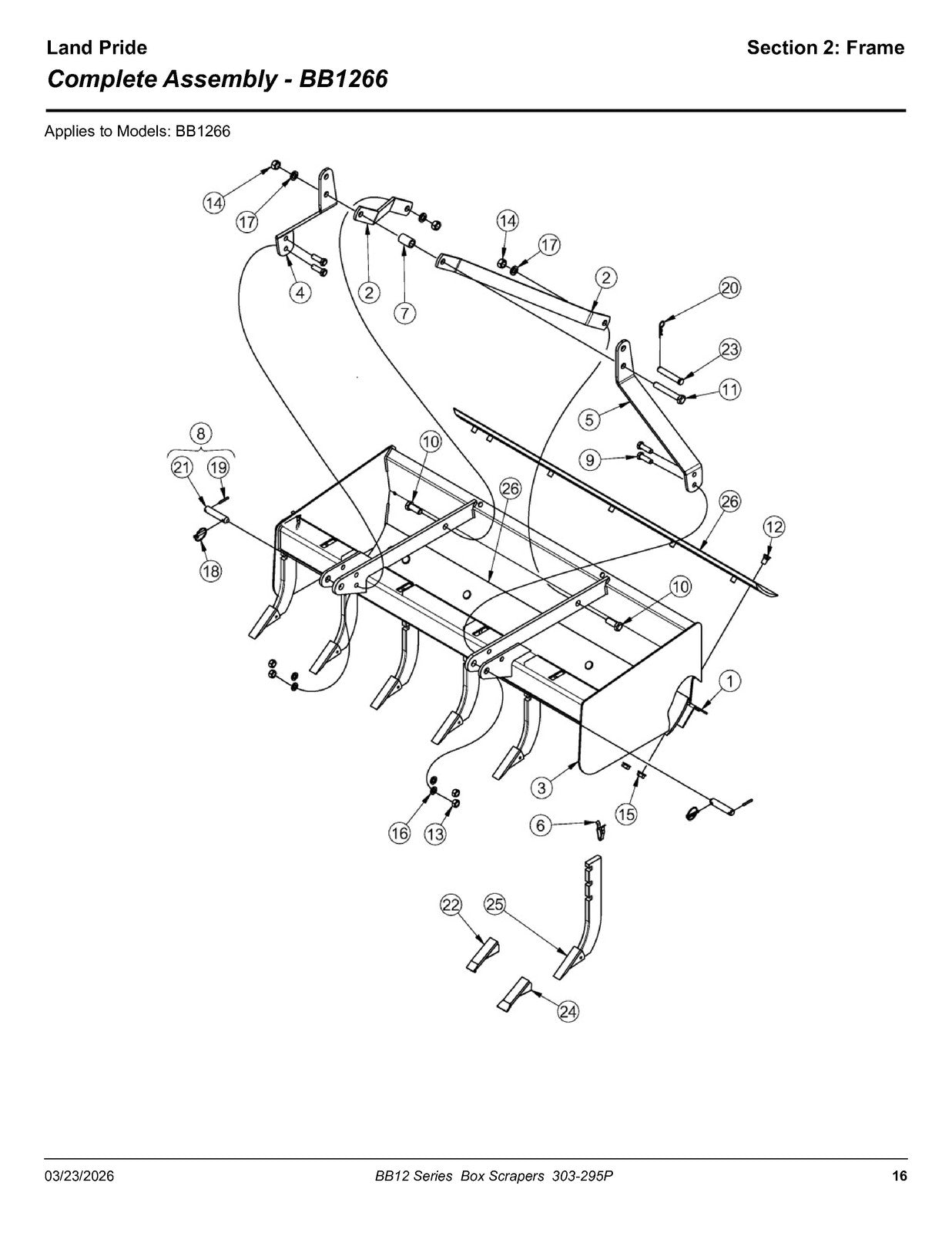 LAND PRIDE BB12 Series Box Scrapers Parts Manual 2026 - WIRE BOUND - COVERS