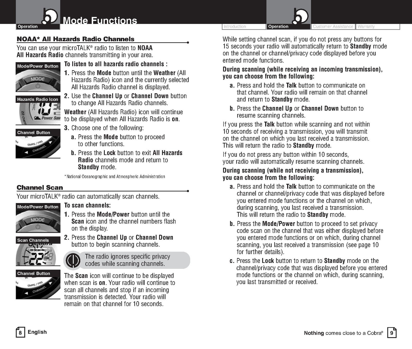 COBRA PR250WX microTALK Two-Way Radio Owners Manual - WIRE BOUND - TOUGH COVERS