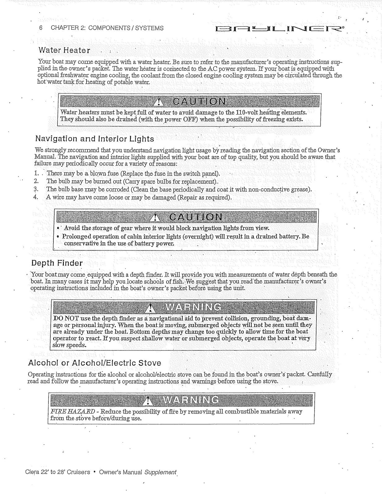 BAYLINER Ciera 22 To 28 Cruisers Owners Manual Supplement 1998 - WIRE BOUND