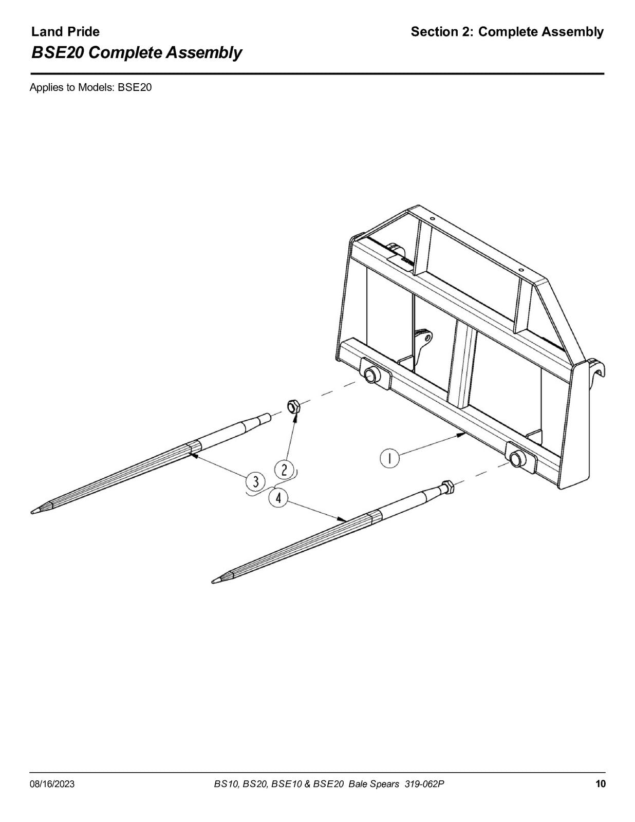 LAND PRIDE BS10 BS20 BSE20 Series Bale Spears Parts Manual 2023 - WIRE BOUND