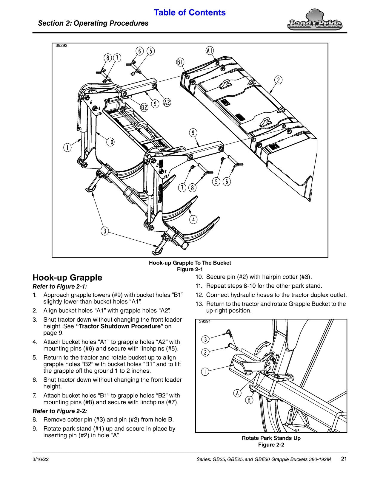 LAND PRIDE GB2596 Series Grapple Buckets Operators Manual - WIRE BOUND - COVERS