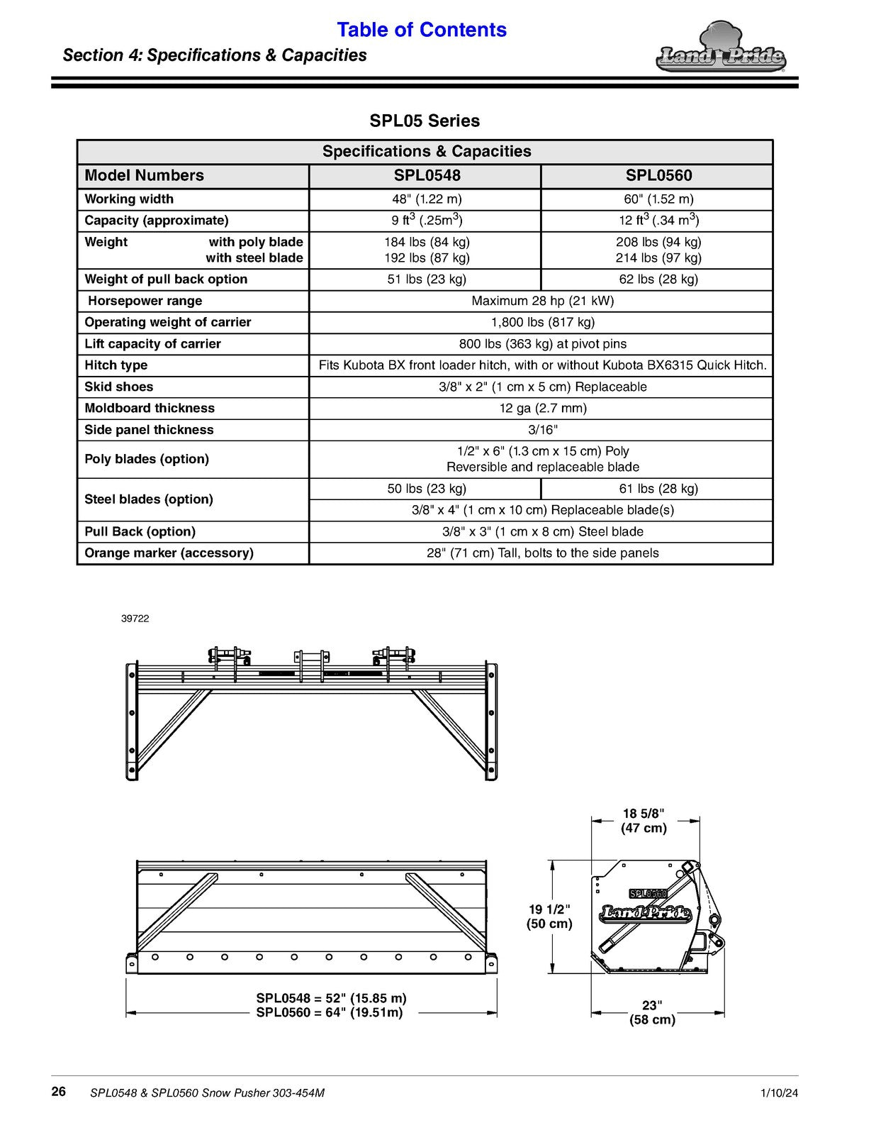 LAND PRIDE SPL05 Series Loader Mount Snow Pushers Operators Manual - WIRE BOUND