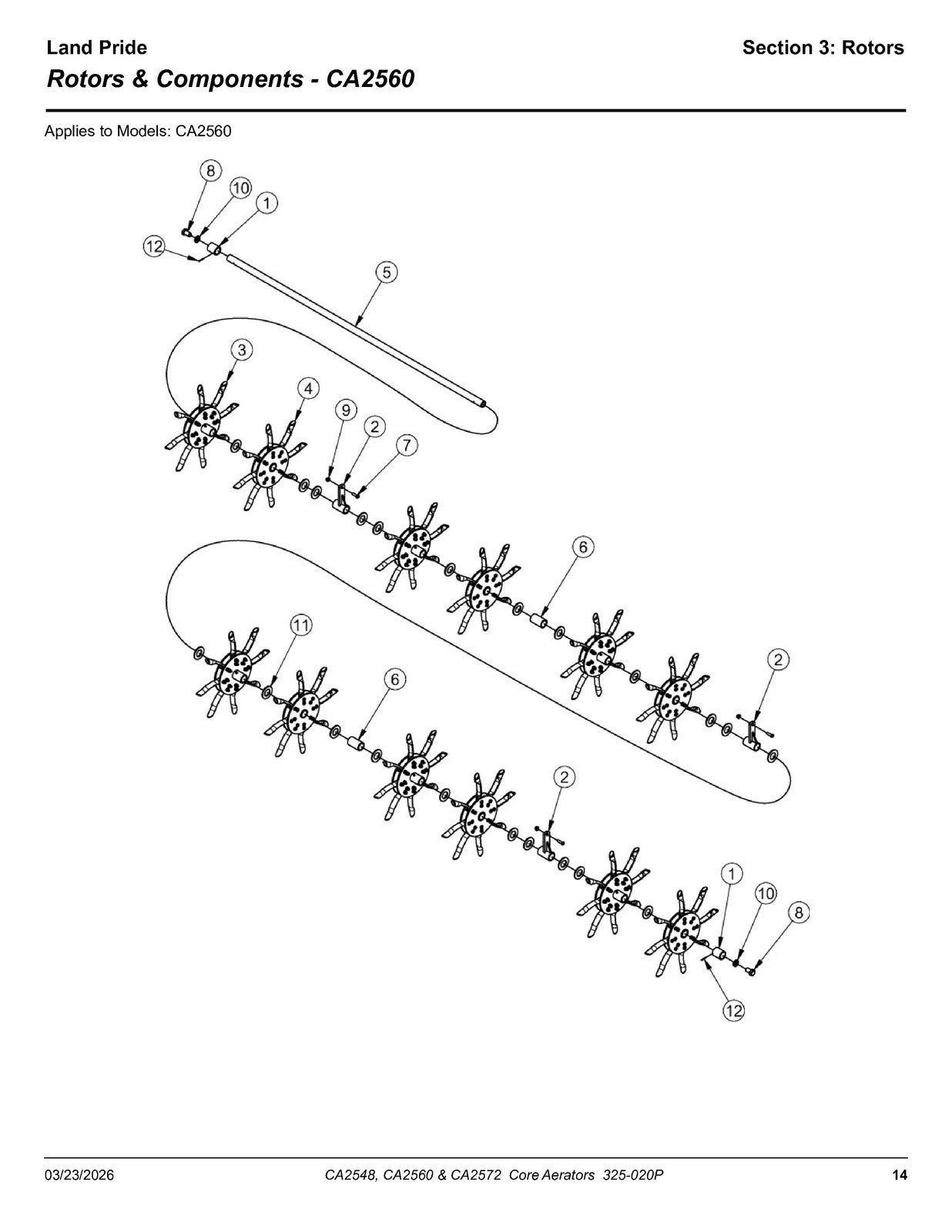 LAND PRIDE CA25 Series Core Aerators Parts Manual 2026 - WIRE BOUND - COVERS