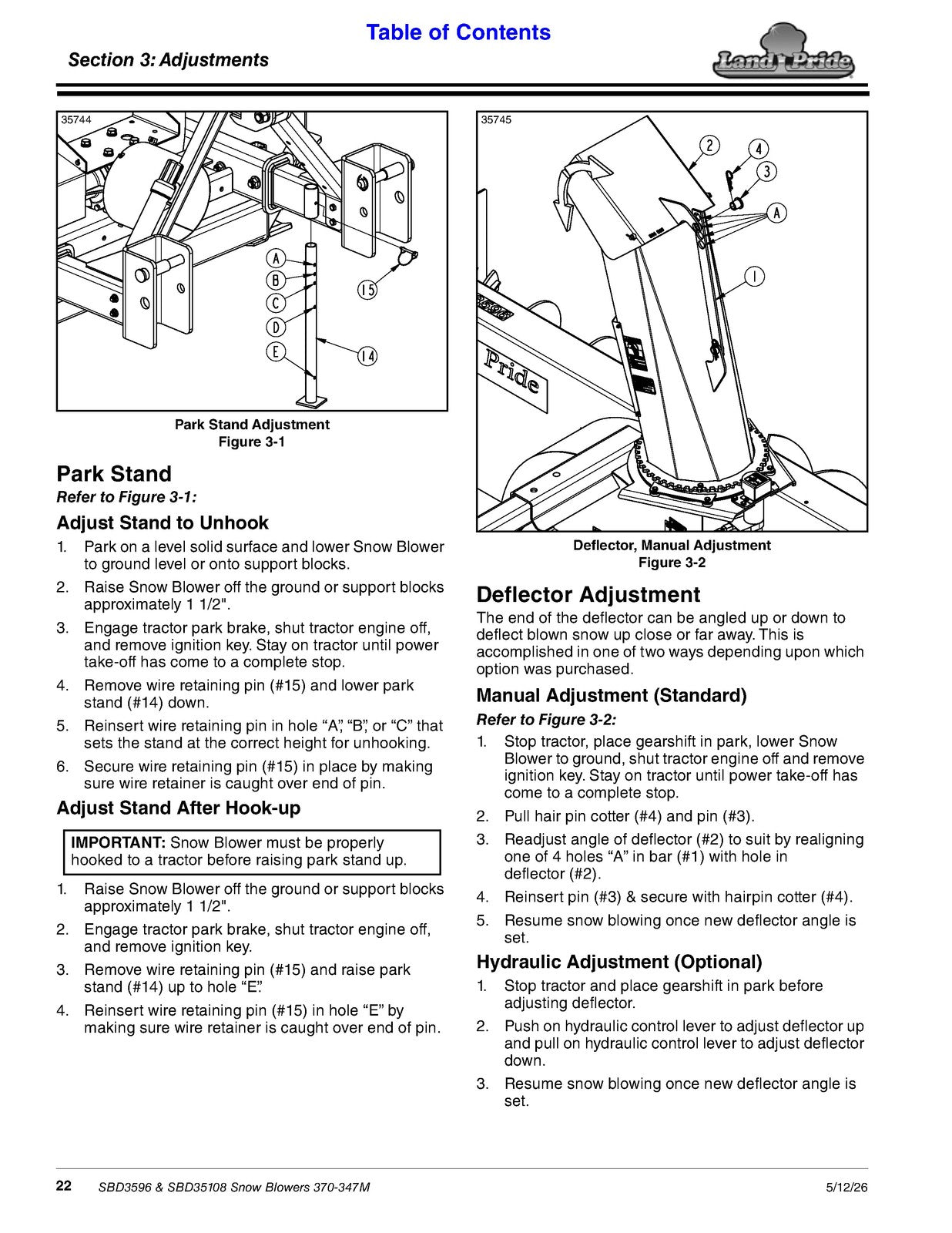 LAND PRIDE SBD3596 Series Snow Blowers Operators Manual - WIRE BOUND - COVERS