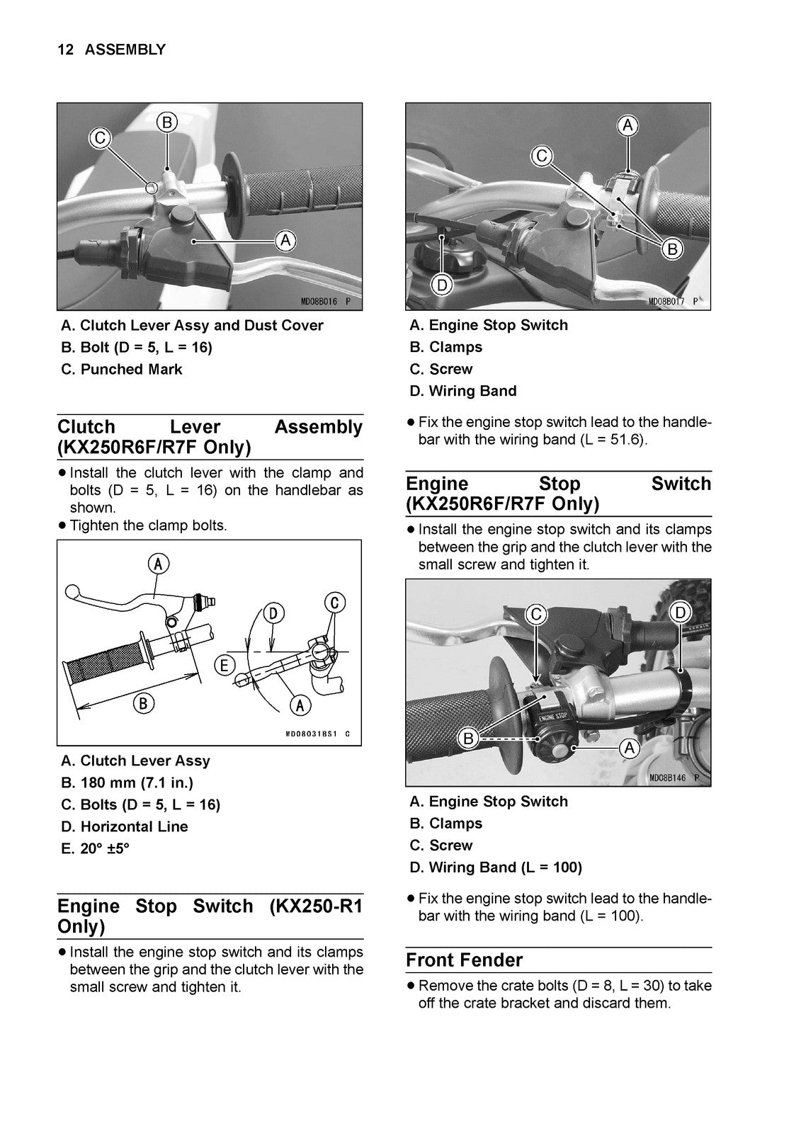KAWASAKI KX250 Motorcycle Assembly  Preparation Manual - WIRE BOUND - COVERS