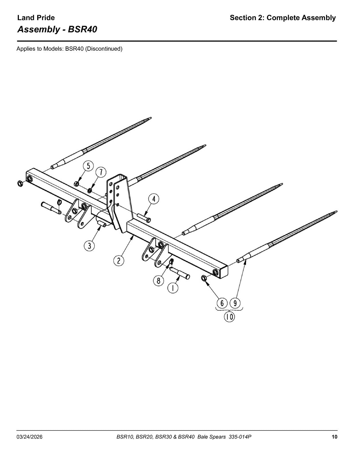 LAND PRIDE BSR10 Series Bale Spears Parts Manual 2026 - WIRE BOUND - COVERS