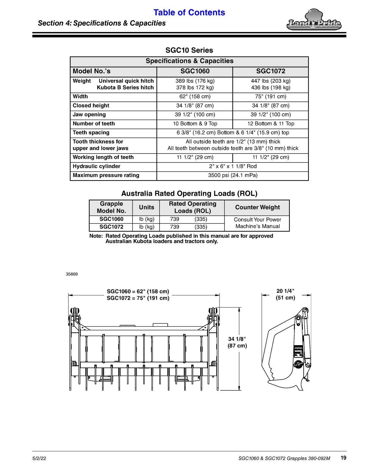 LAND PRIDE SGC1060 SGC1072 Grapple Operators Manual 2022 - WIRE BOUND - COVERS