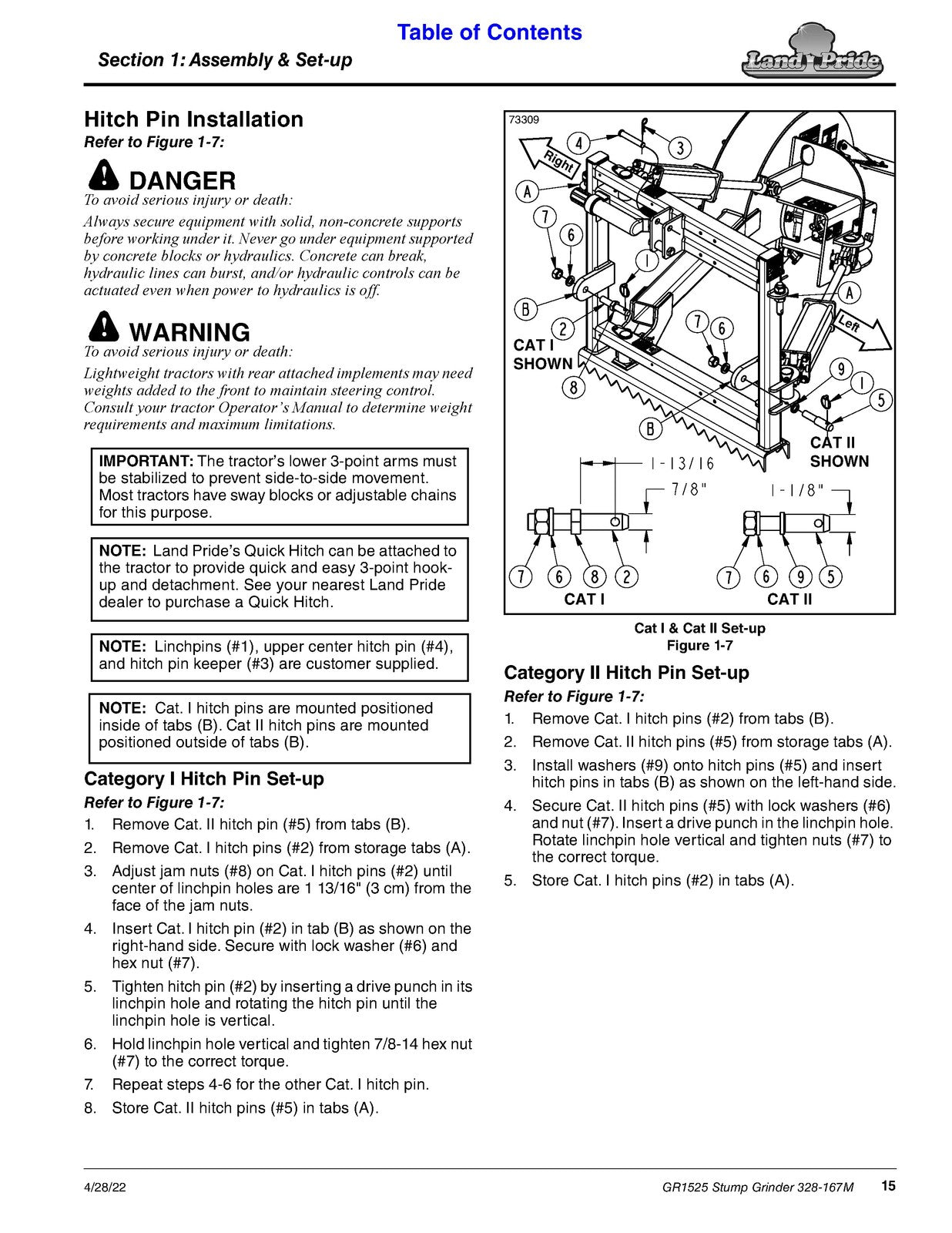 LAND PRIDE GR15 Series Stump Grinder Operators Manual - WIRE BOUND - COVERS