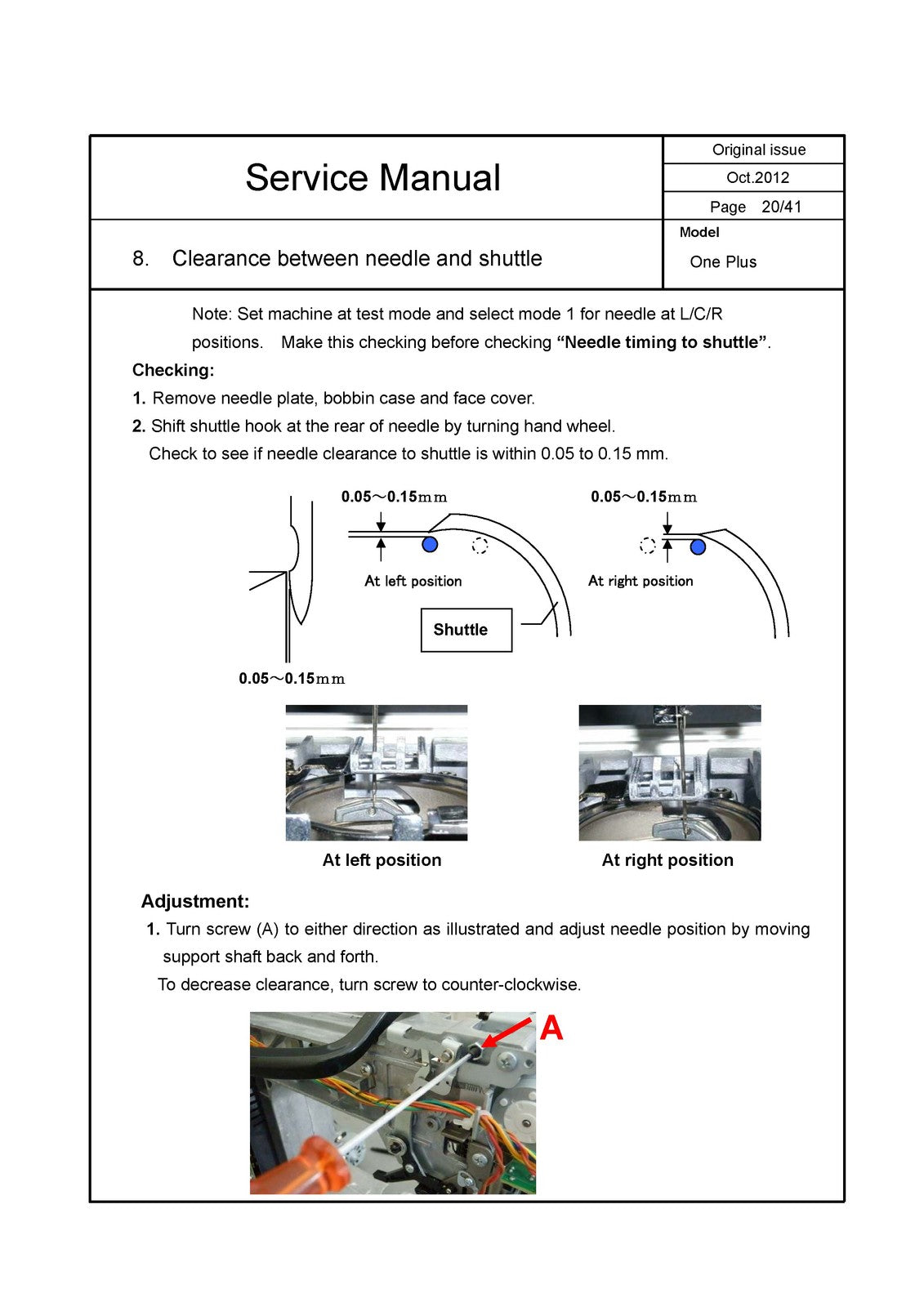SINGER One Plus Sewing Machine Service Manual 2012 - WIRE BOUND - TOUGH COVERS