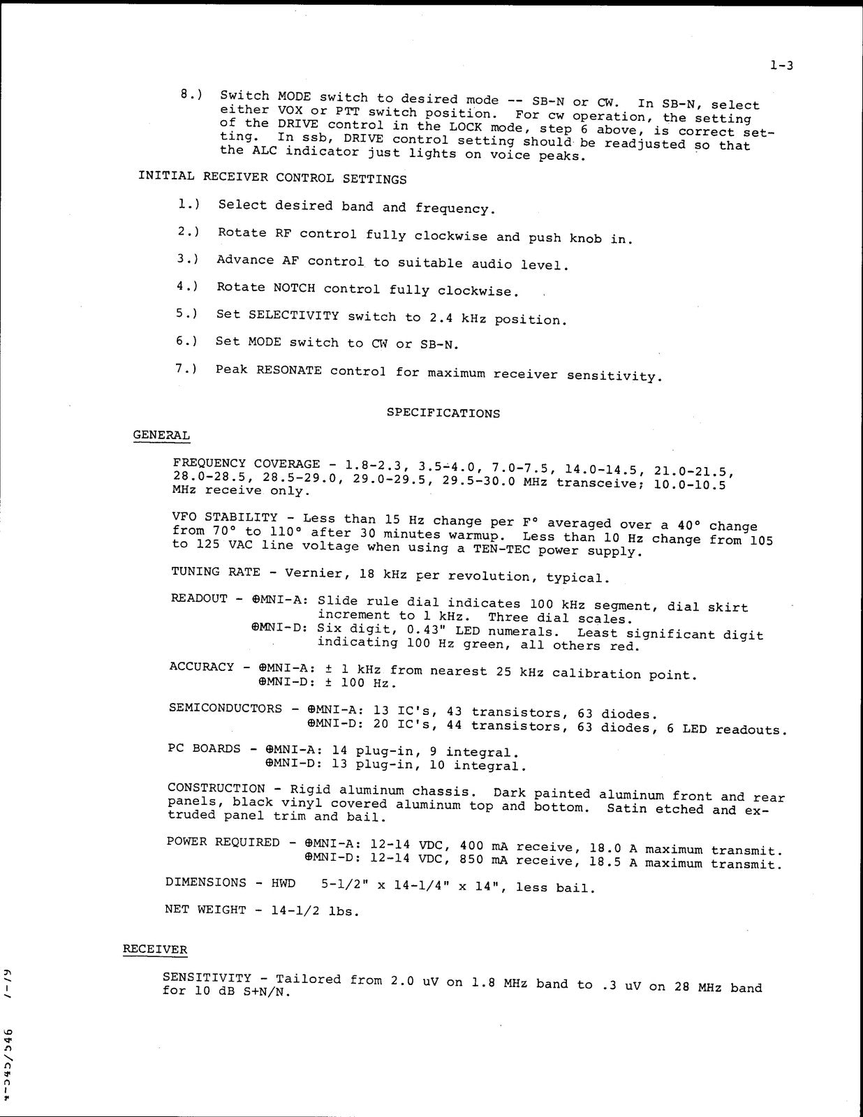 TEN TEC Omni A 545 Omni D_546 Original Series Owners Manual - WIRE BOUND