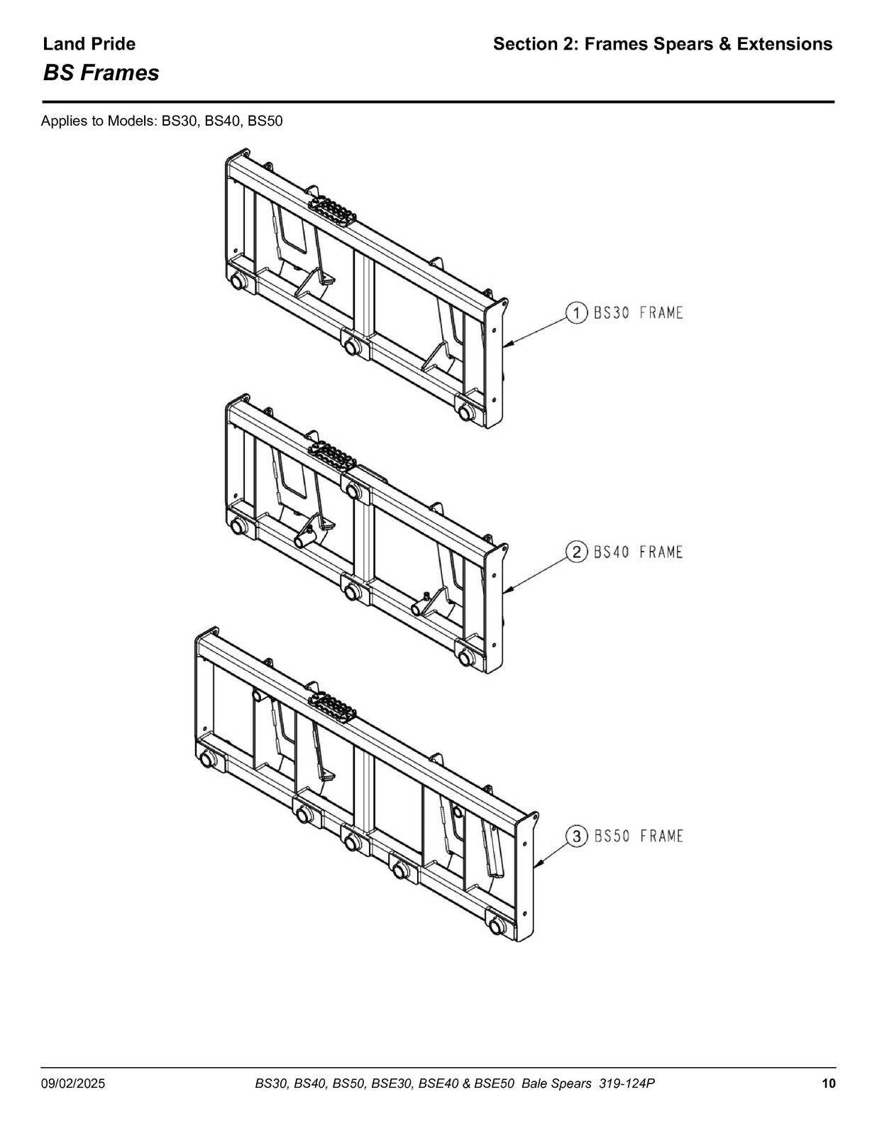 LAND PRIDE BS30 BS40 BS50 BSE50 Bale Spears Parts Manual - WIRE BOUND - COVERS