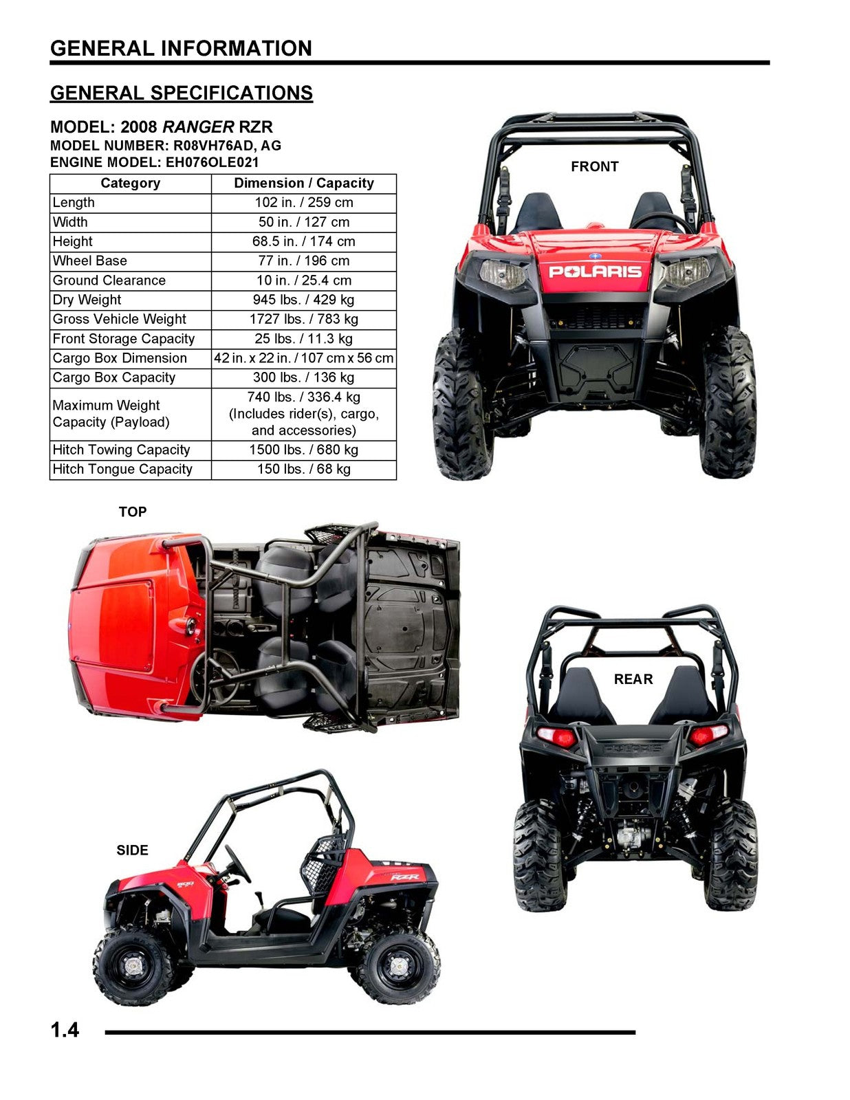 POLARIS RANGER RZR 800 Service Manual YR 2008 - BOUND - COVERS - XL FOLDOUTS