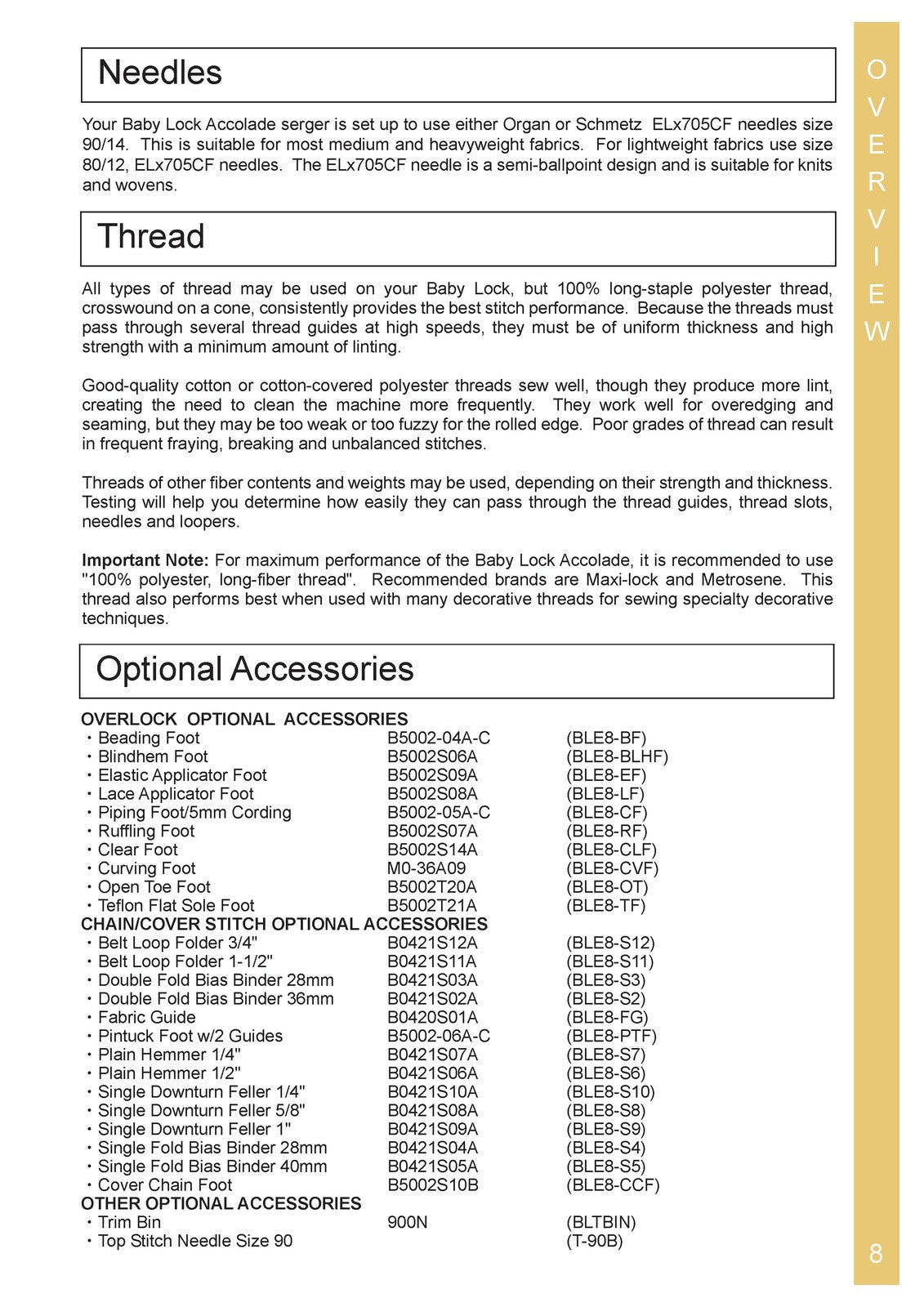 BABY LOCK Accolade BLS8 Serger Instruction Manual - WIRE BOUND - TOUGH COVERS