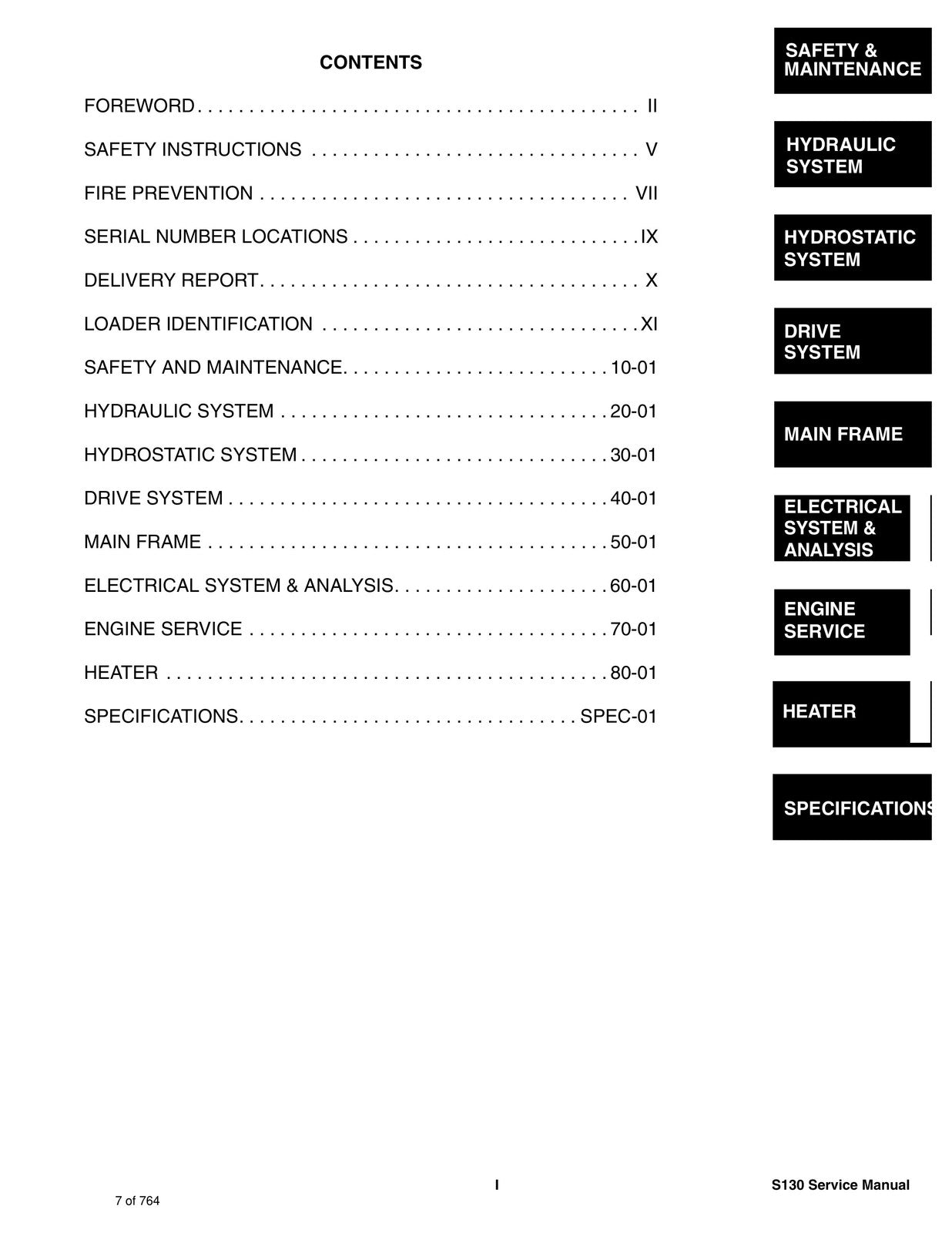 BOBCAT S130 Skid Steer Loader SN 529211001 and Up - BOUND - COVERS - XL FOLDOUTS