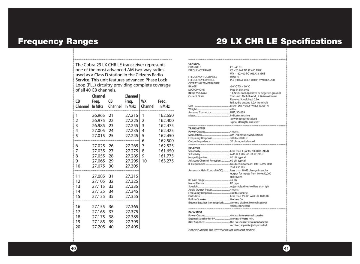 COBRA 29 LX CHR LE CB Radio Owners Manual - STEEL WIRE BOUND - PROTECTIVE COVERS
