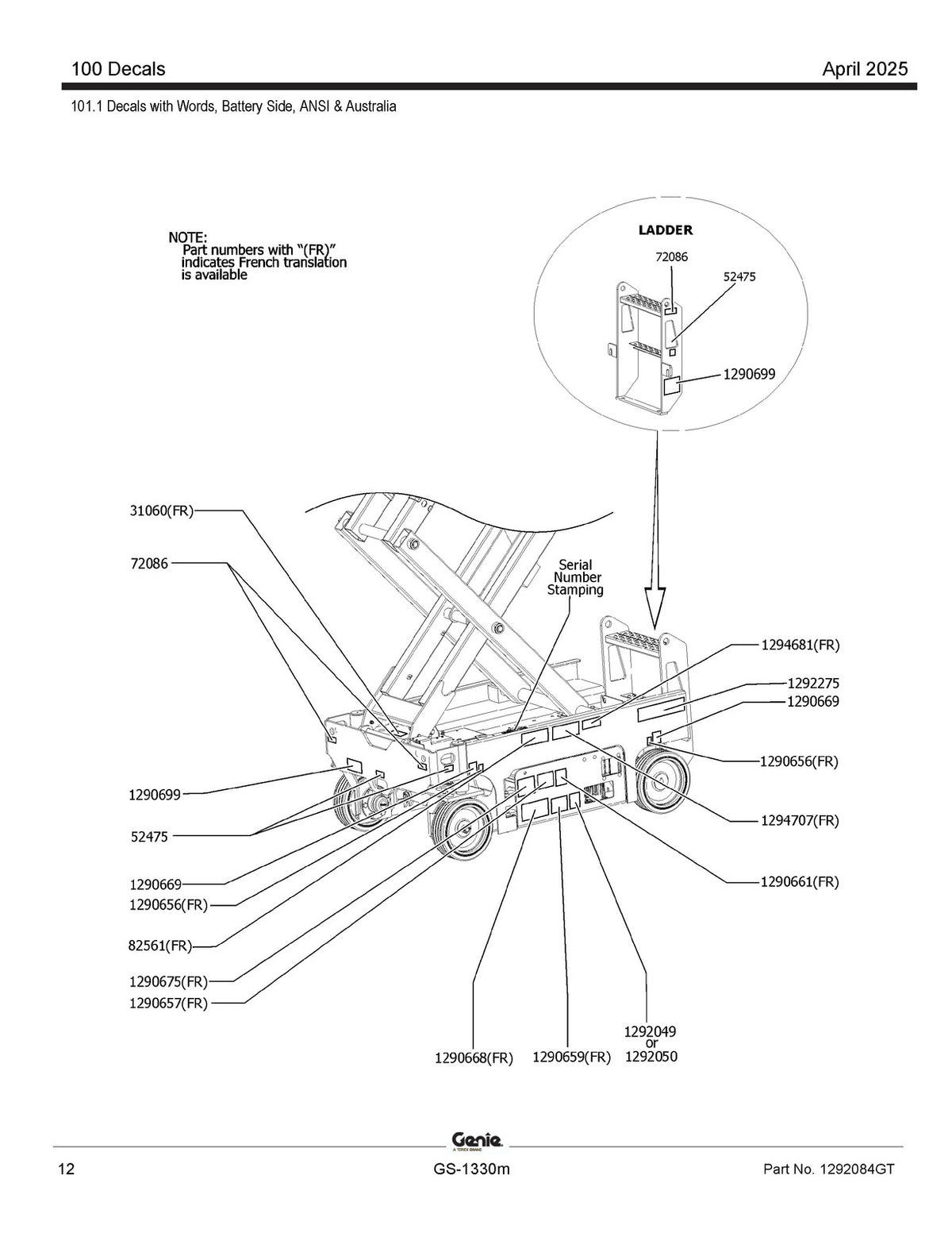 GENIE GS-1330m Scissor Lift Parts Manual SN GS30MD-101 Up 2025 - WIRE BOUND