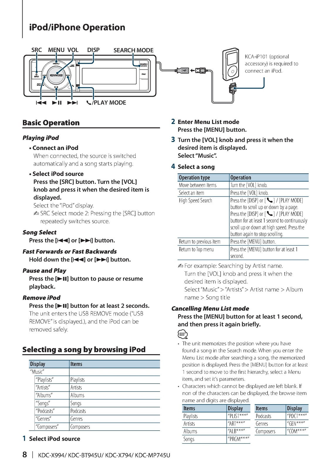 KENWOOD KDC-X994 KDC-BT945U KDC-X794 KDC-MP745U Instruction Manual - WIRE BOUND