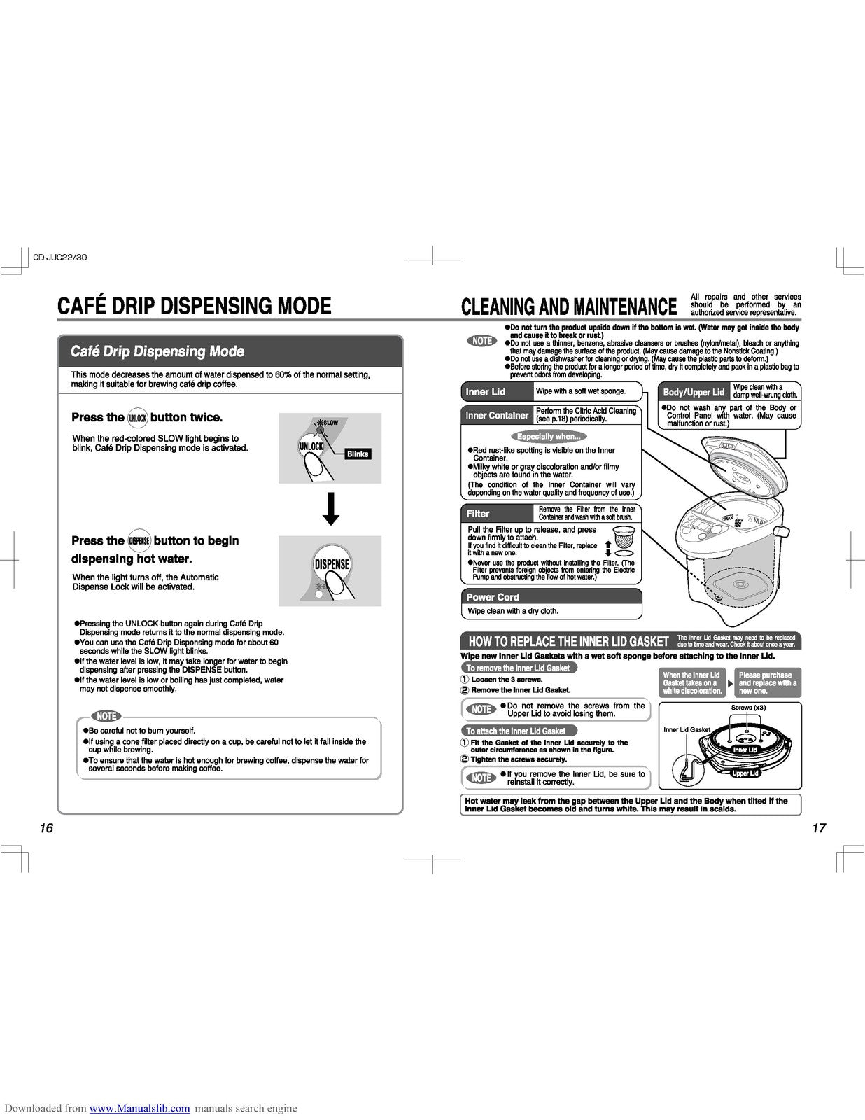 ZOJIRUSHI CD-JUC22 CD-JUC30 Operating Instructions Manual - WIRE BOUND - COVERS