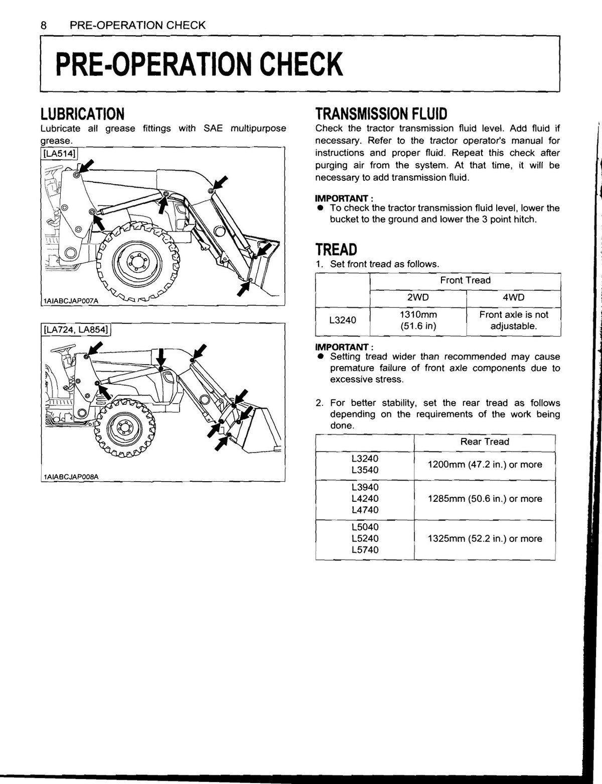 KUBOTA LA514 LA724 LA854 Workshop Operators Installation Manual BUNDLE