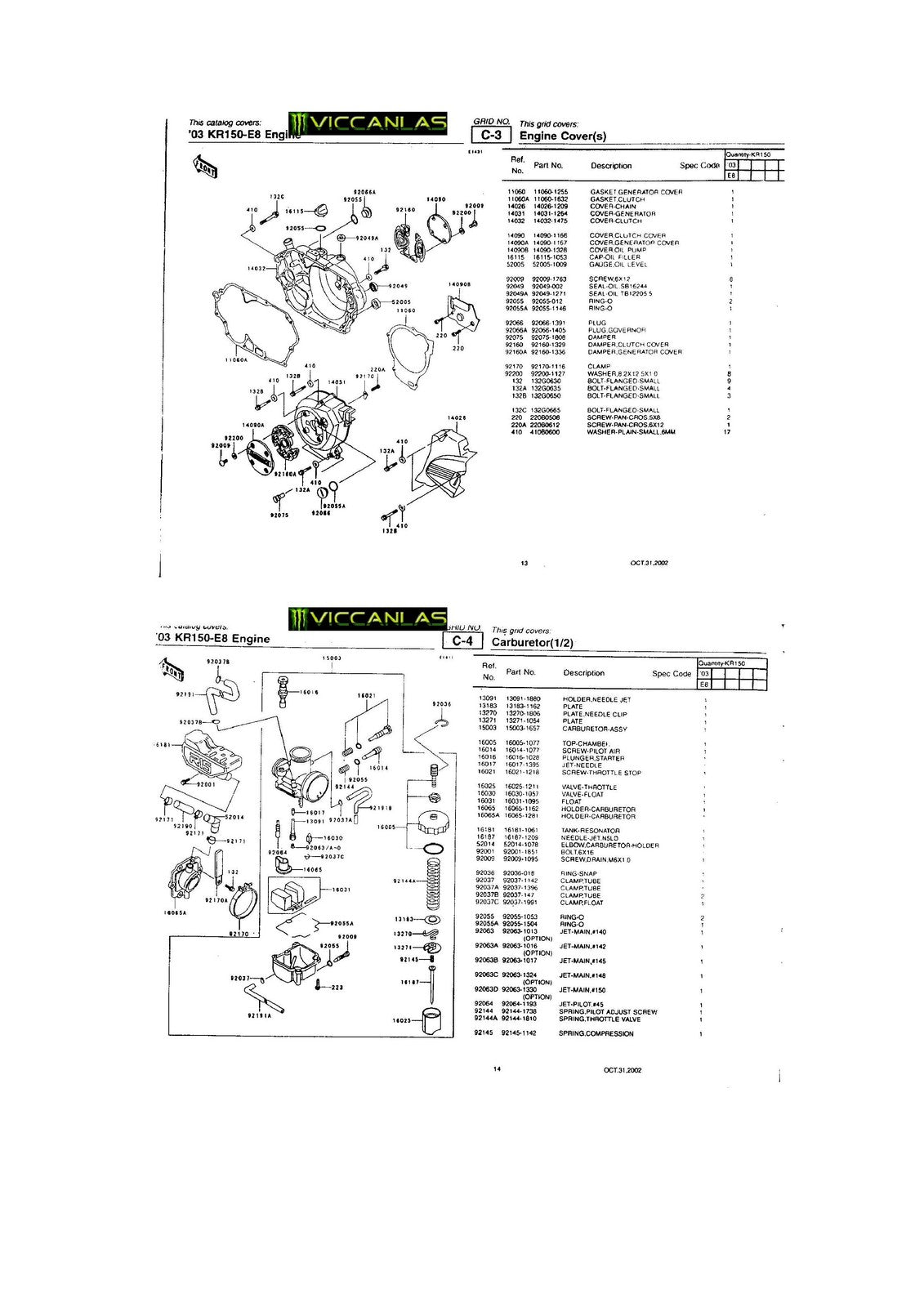 KAWASAKI KR150 Parts Catalog Manual 2003 - STEEL WIRE BOUND - PROTECTIVE COVERS