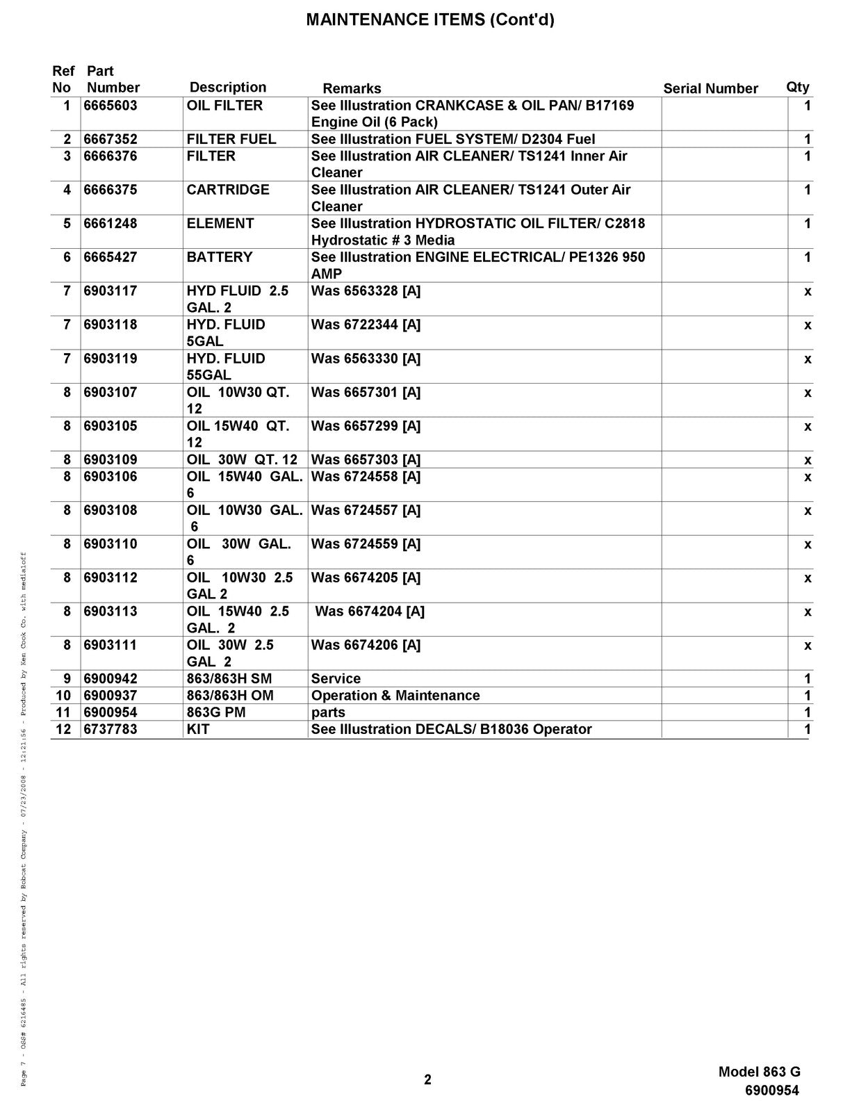 BOBCAT 863 G-Series Skid Steer Loader Parts Manual SN 514440001 Up - WIRE BOUND