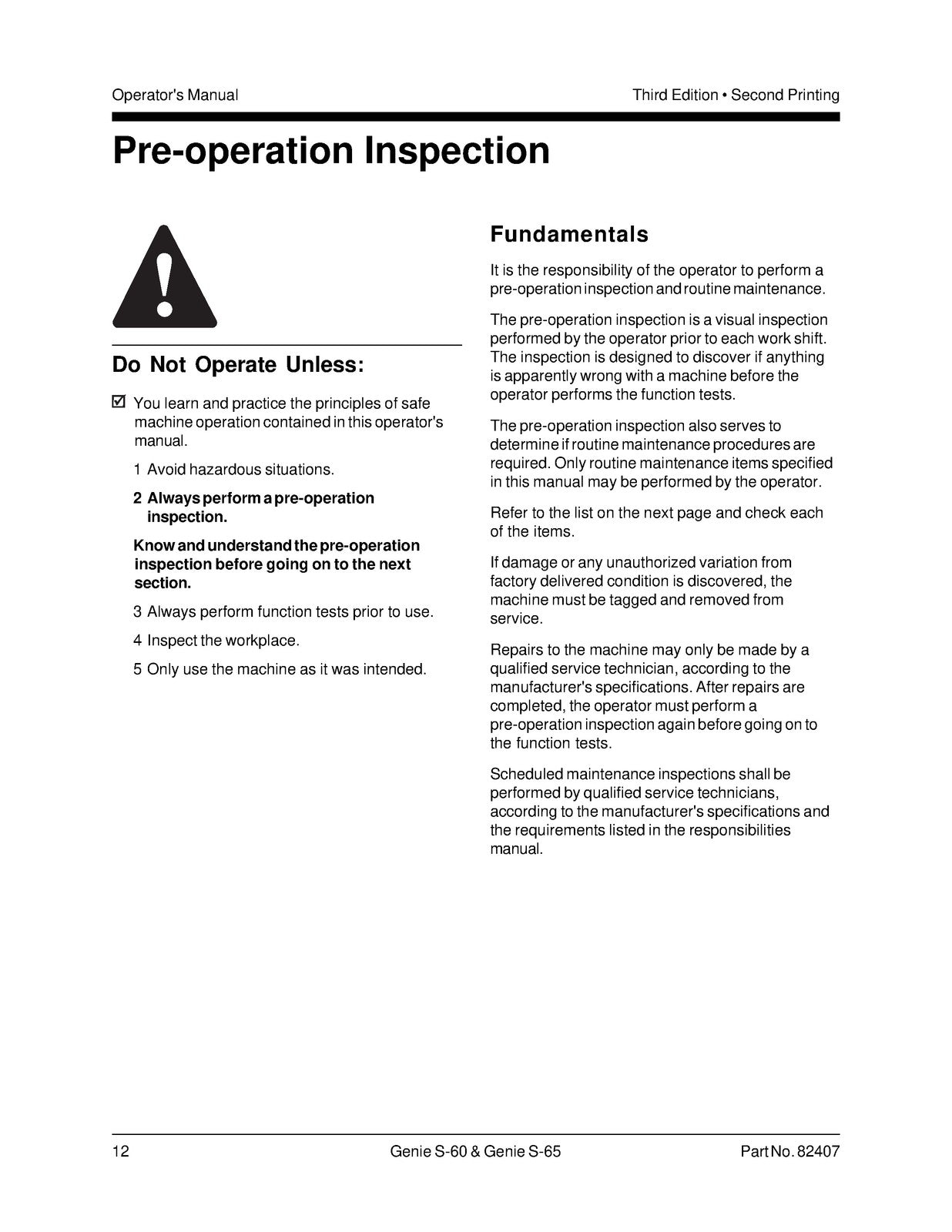 GENIE S-60 S-65 Operators Manual With Maintenance Information 2004 - WIRE BOUND