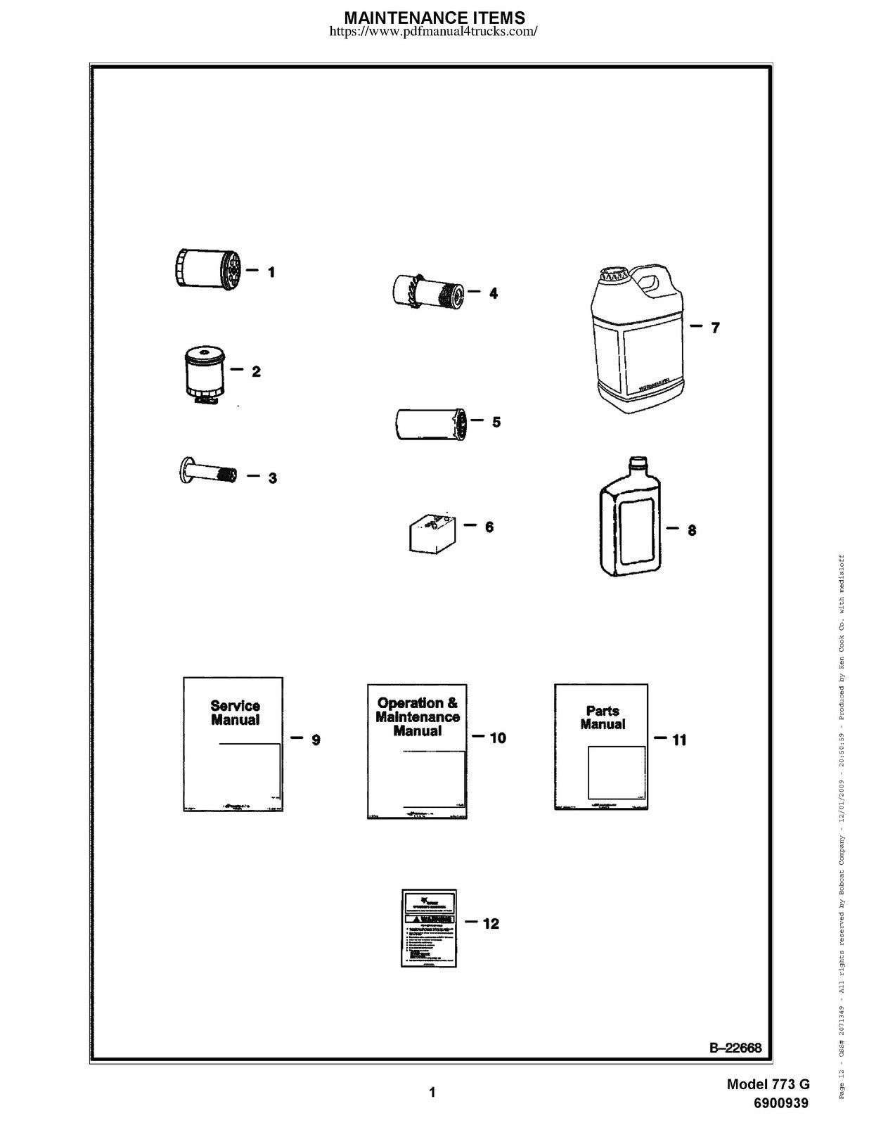 BOBCAT 773 G-Series Skid Steer Parts Manual 2009 SN 500K11001 Up - WIRE BOUND