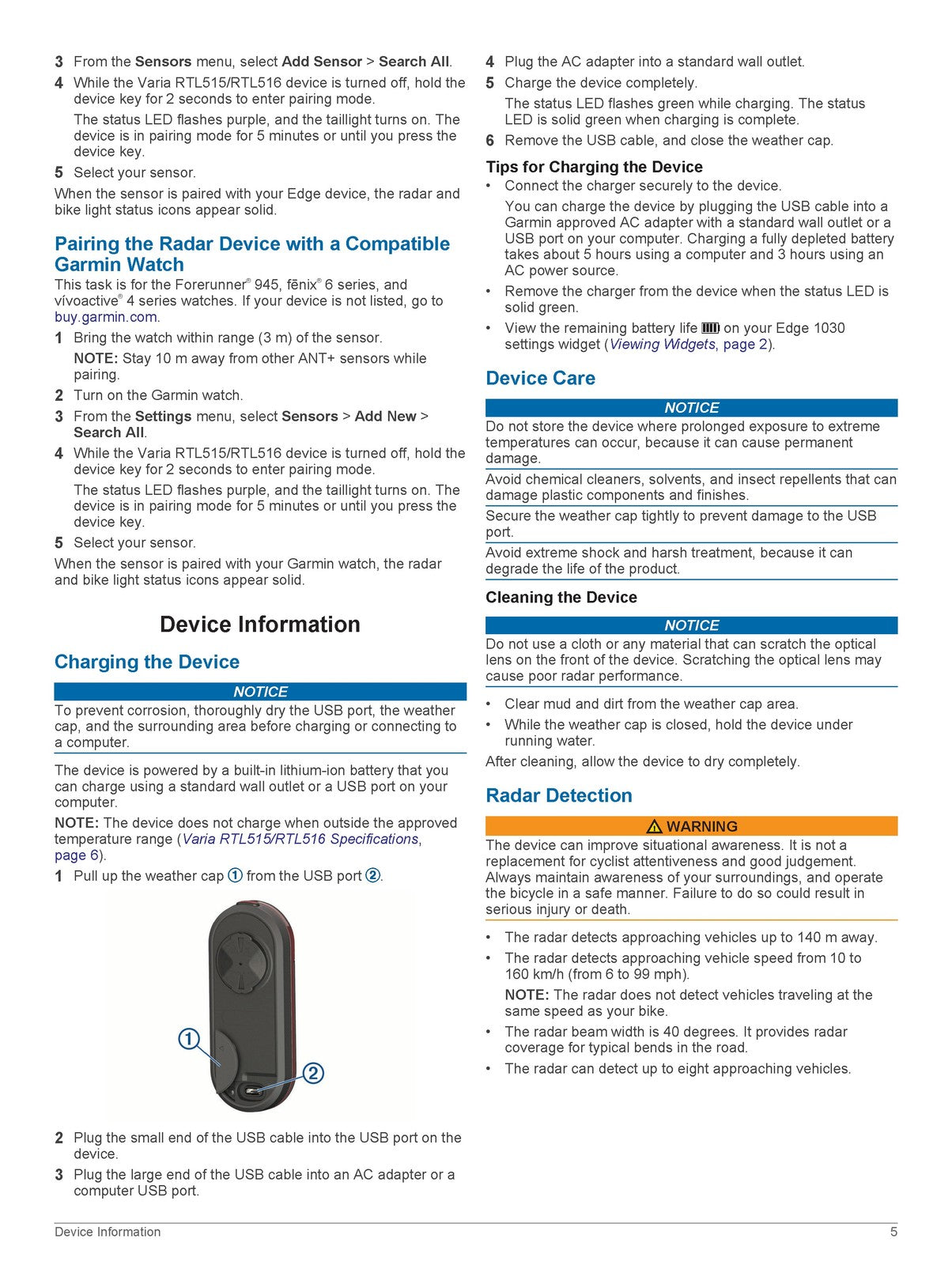GARMIN Varia RTL515 RTL516 Rearview Radar Owners Manual 2020 - WIRE BOUND