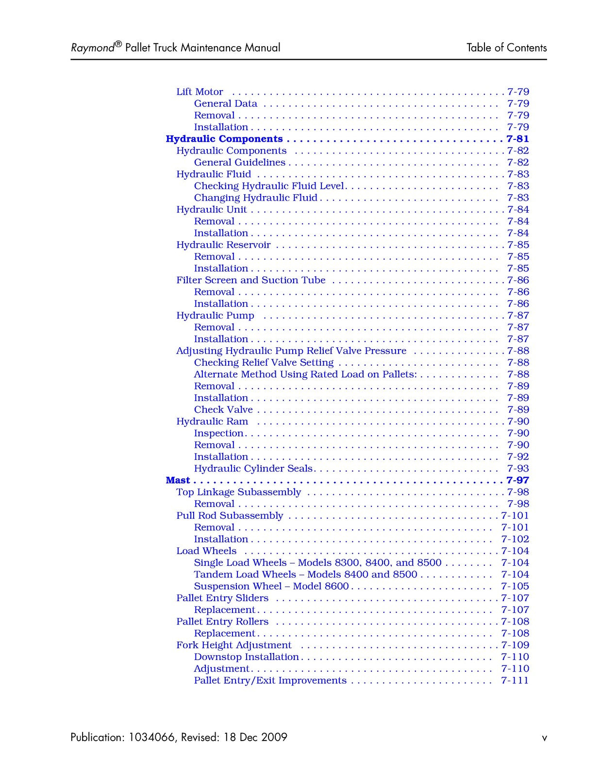 RAYMOND 8300 8400 8500 8600 Pallet Truck Maintenance Manual 2009, FOLDOUTS