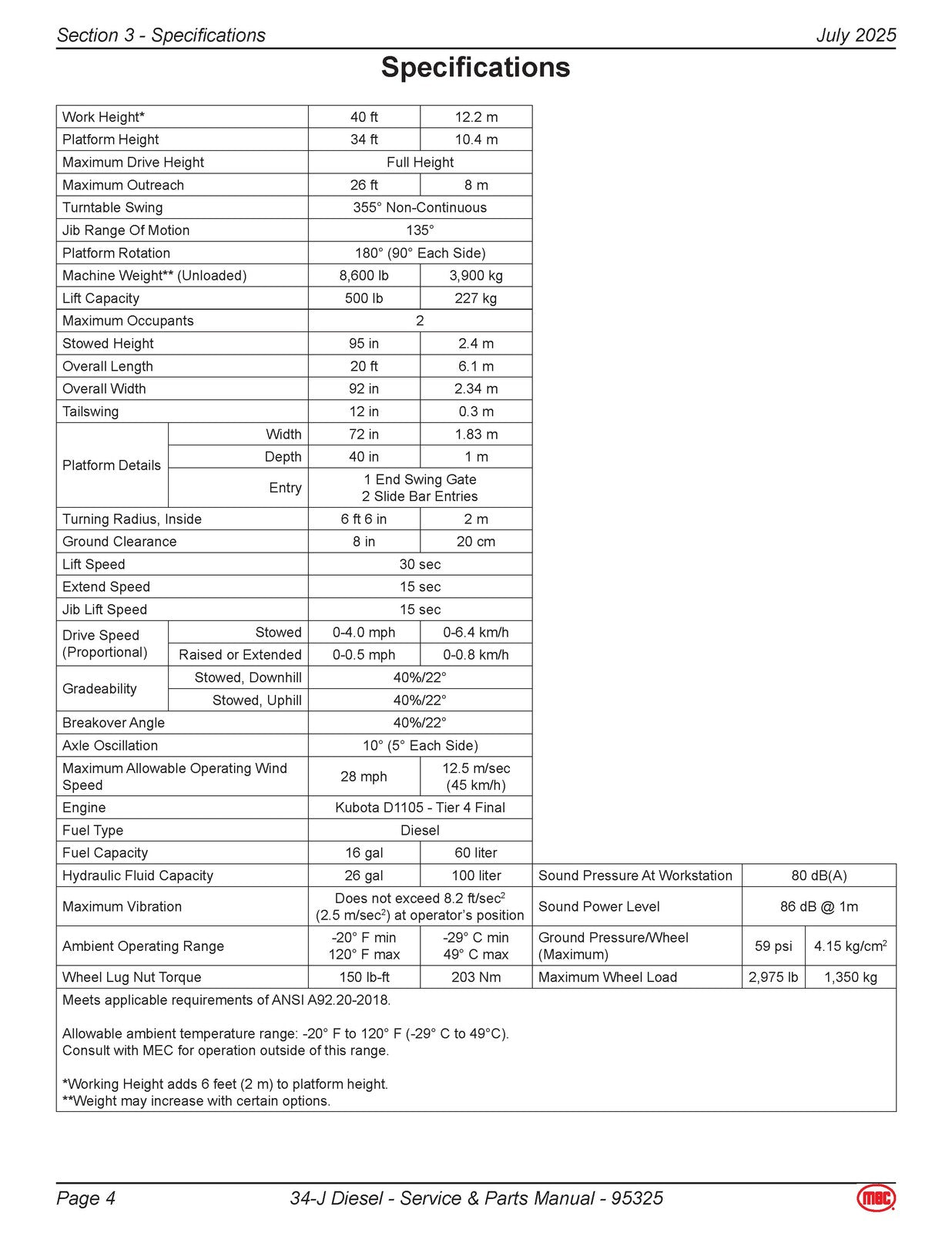 MEC 34-J Diesel Aerial Work Platform Service  Parts Manual - WIRE BOUND