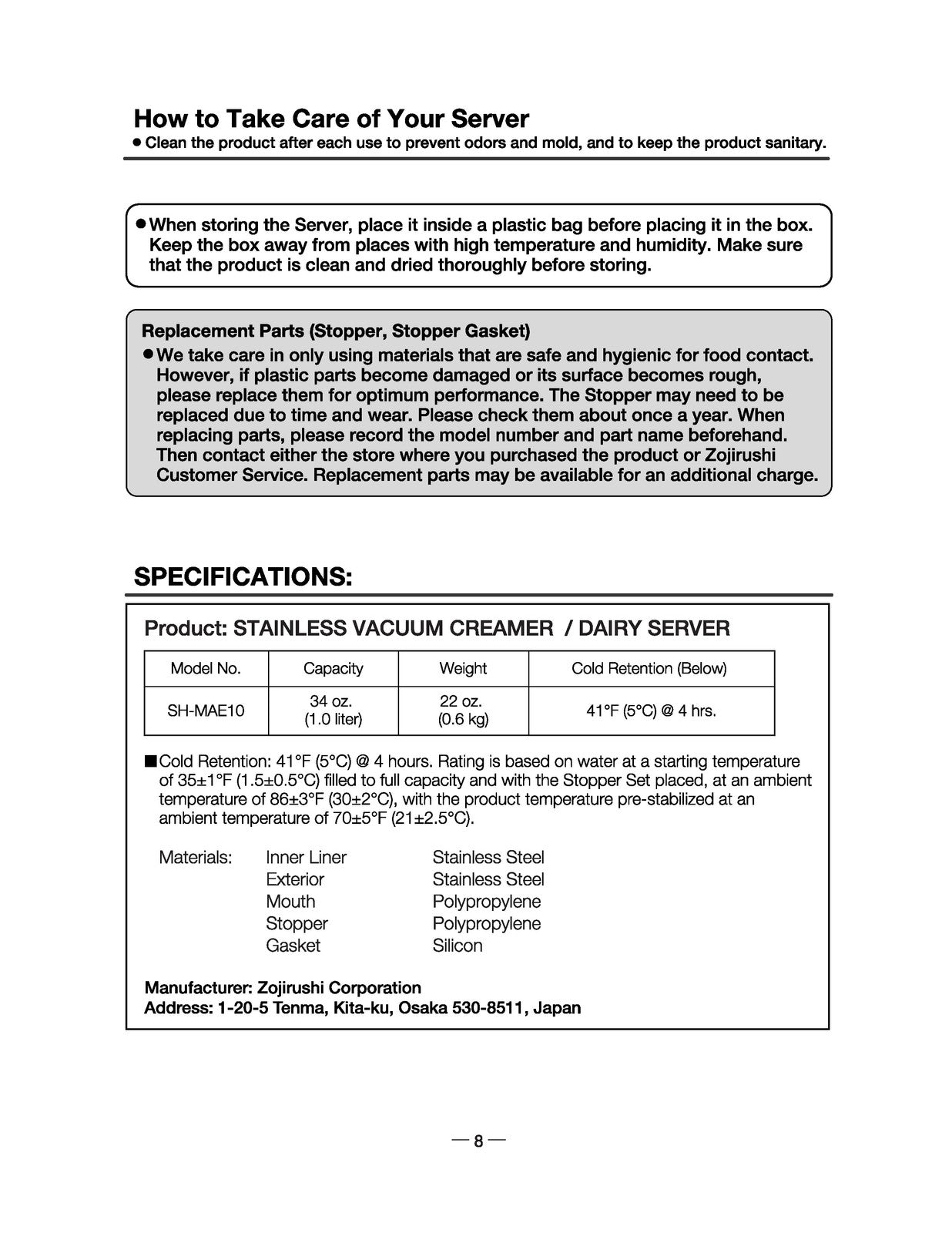 ZOJIRUSHI SH-MAE10 Stainless Vacuum Creamer Dairy Server Instruction Manual