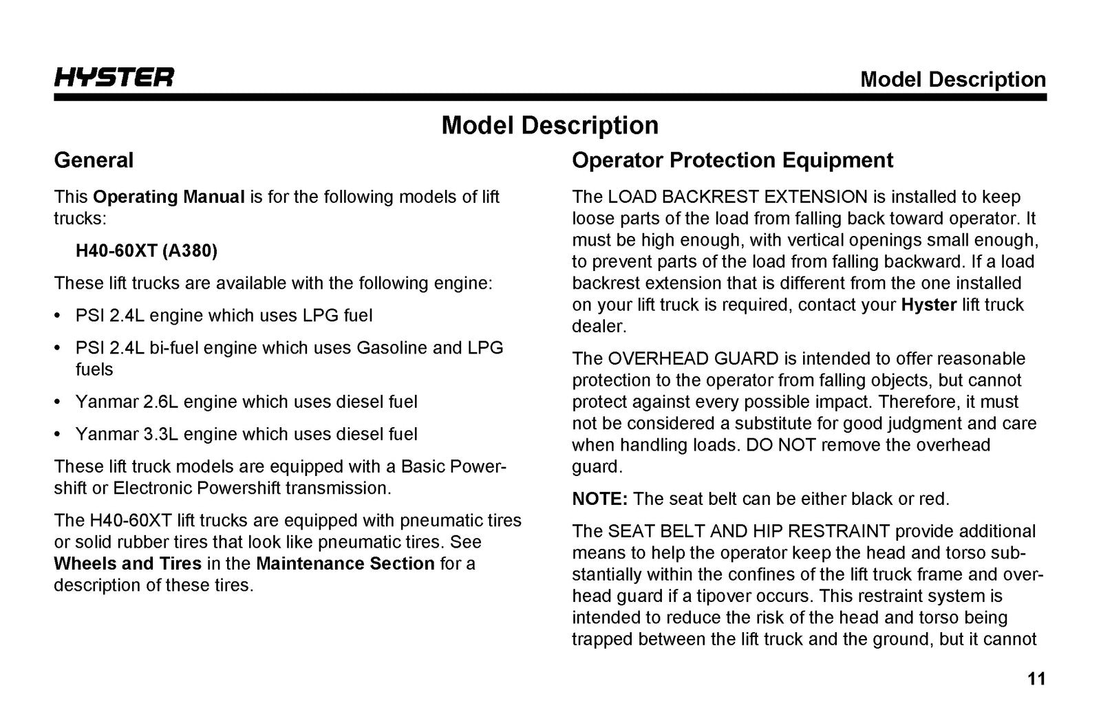 HYSTER H40-60XT A380 Warehouse Forklift Operating Manual 2019 - WIRE BOUND