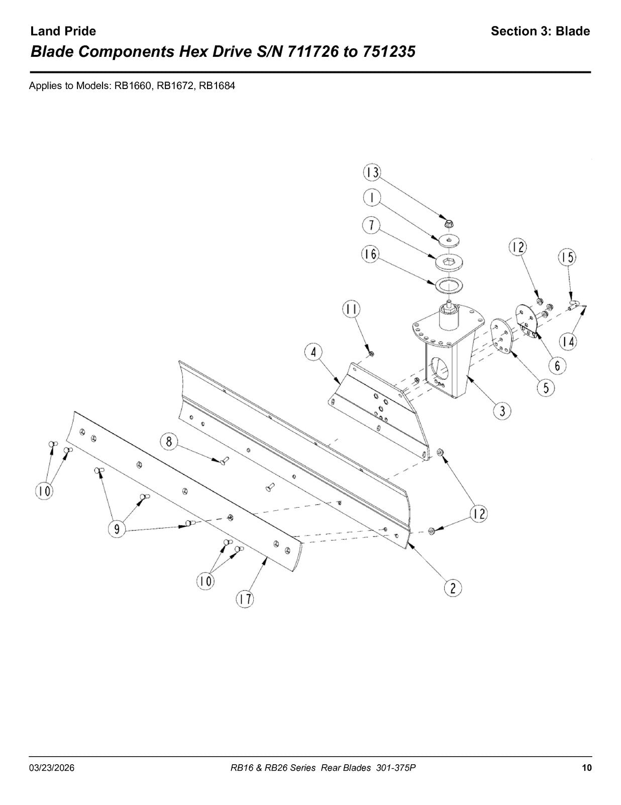 LAND PRIDE RB16 Series Rear Blades Parts Manual 2026 - WIRE BOUND - TOUGH COVERS