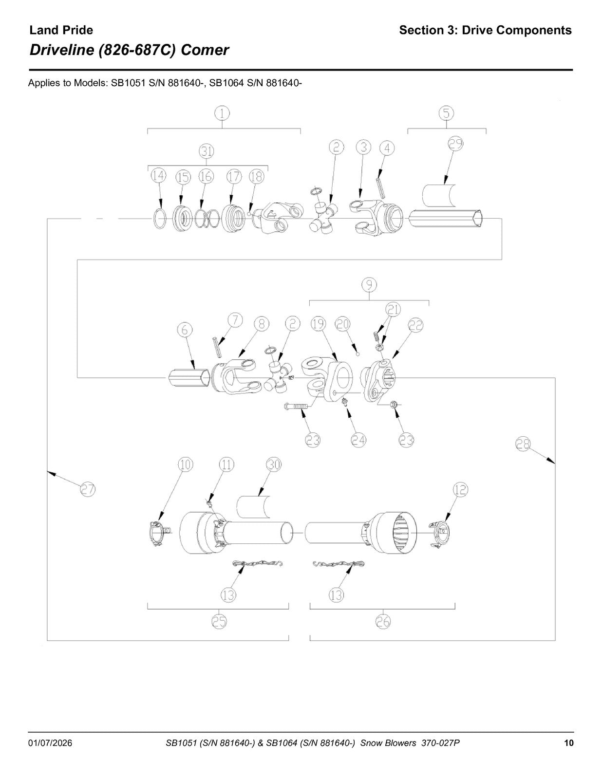 LAND PRIDE SB10 Series Snow Blowers Parts Manual 2025 - WIRE BOUND - COVERS