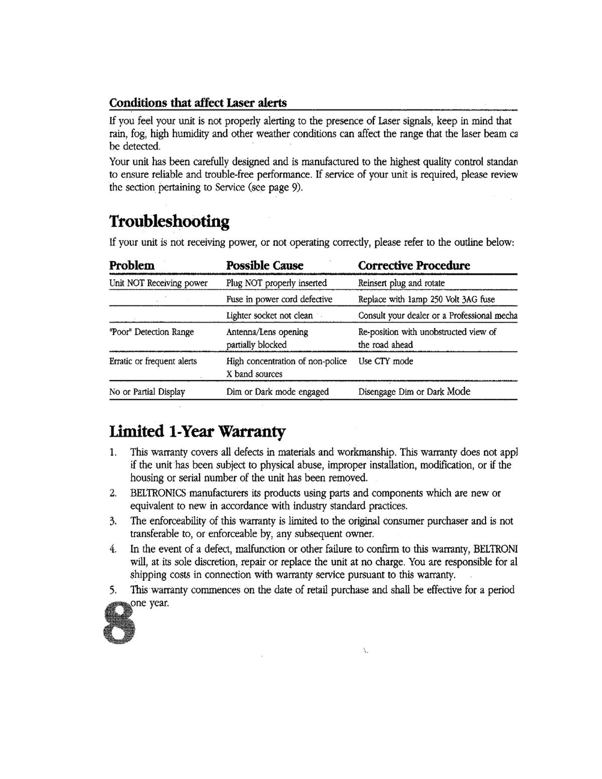 BELTRONICS Express 906 Radar Detector Owners Manual - WIRE BOUND - TOUGH COVERS